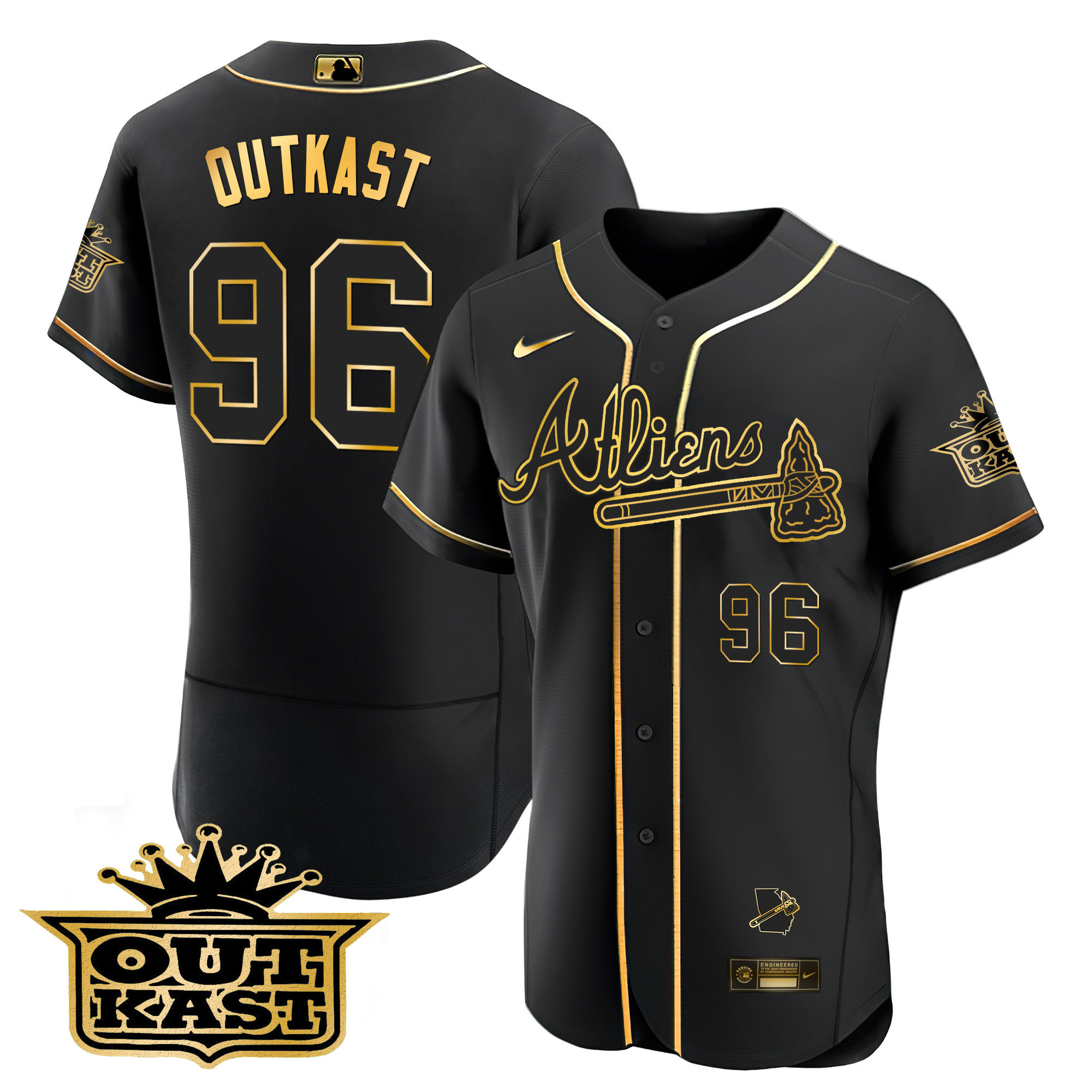 OutKast Men's Atlanta Braves Atliens Flex Base V2 Black Gold Jersey - All Stitched