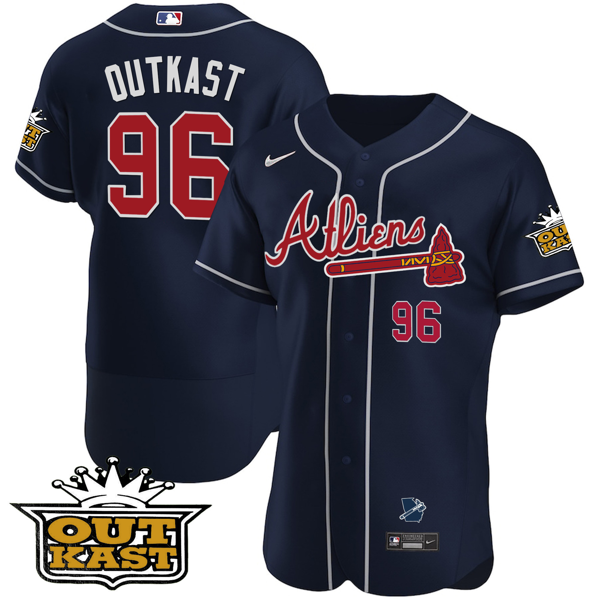 OutKast Men's Atlanta Braves Atliens Flex Base V2 Navy Jersey - All Stitched