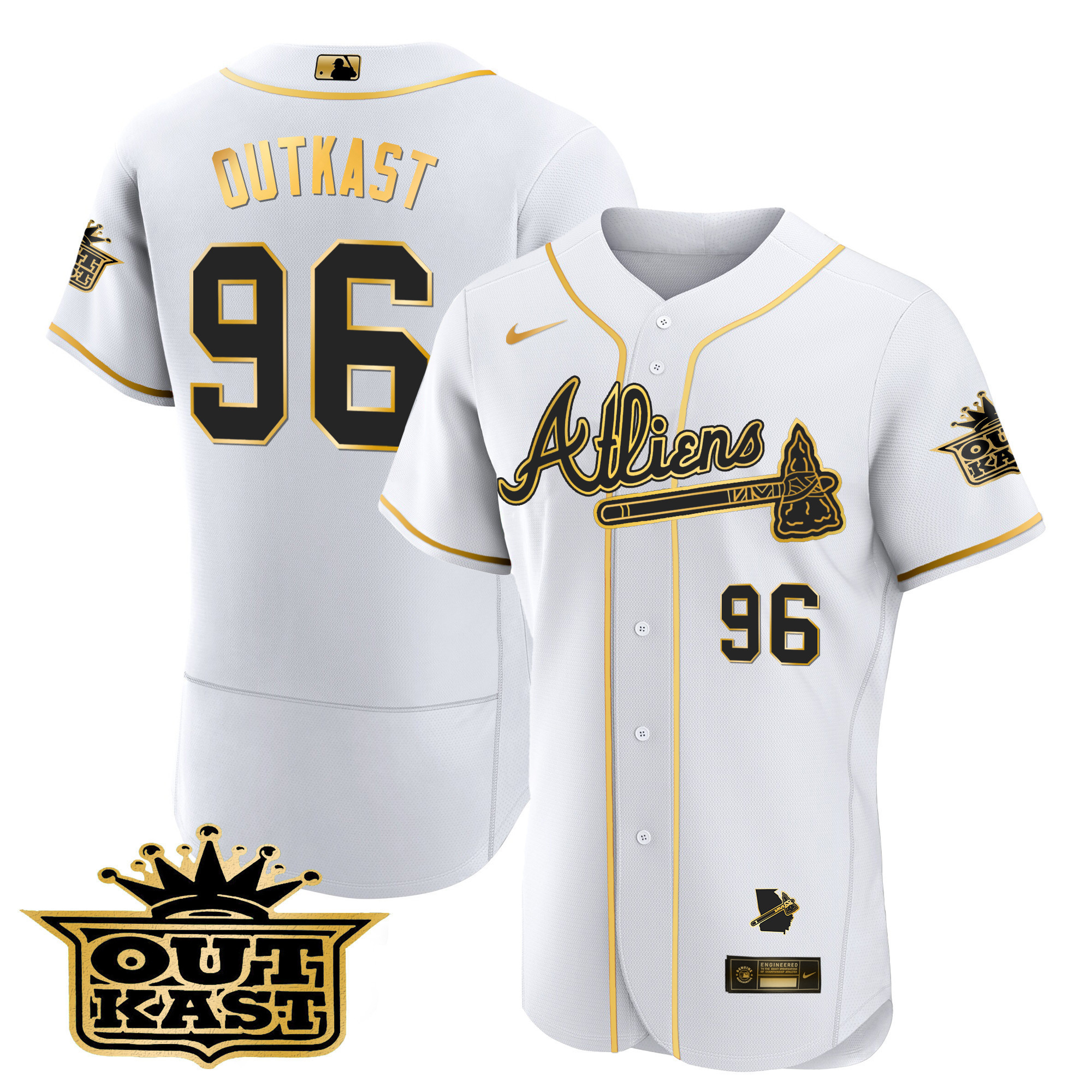OutKast Men's Atlanta Braves Atliens Flex Base V2 White Gold Jersey - All Stitched