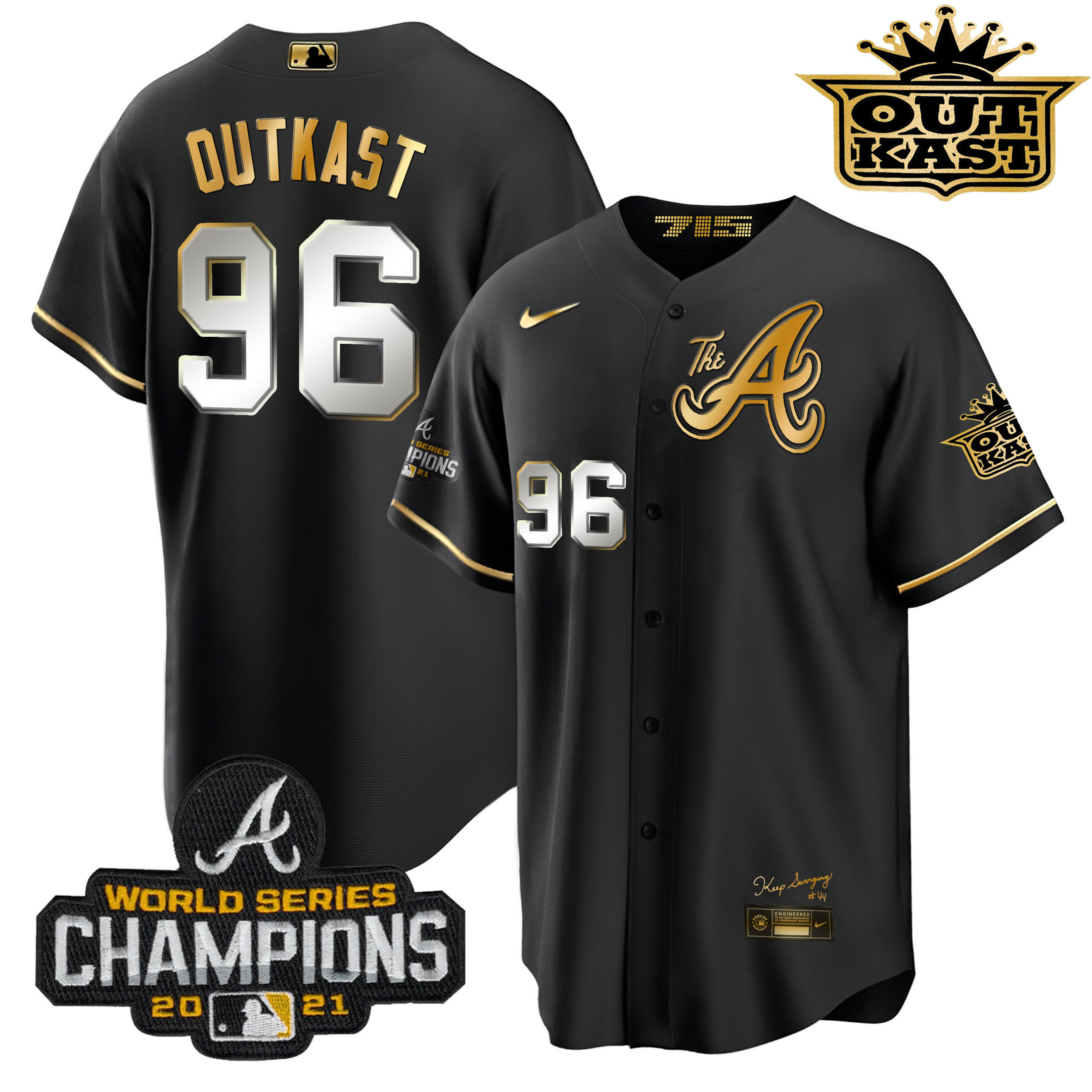 OutKast Men's Atlanta Braves Outkast Gold The A Cool Base Black Gold Jersey - All Stitched