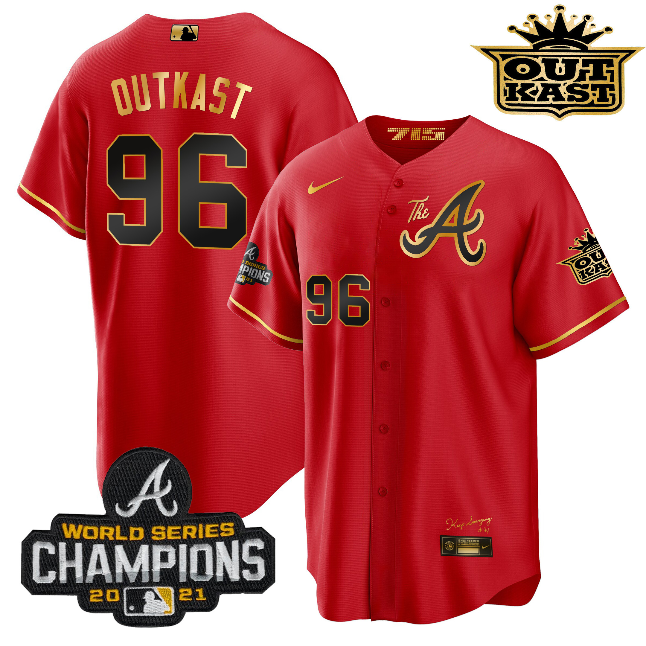 OutKast Men's Atlanta Braves Outkast Gold The A Cool Base Red Gold Jersey - All Stitched