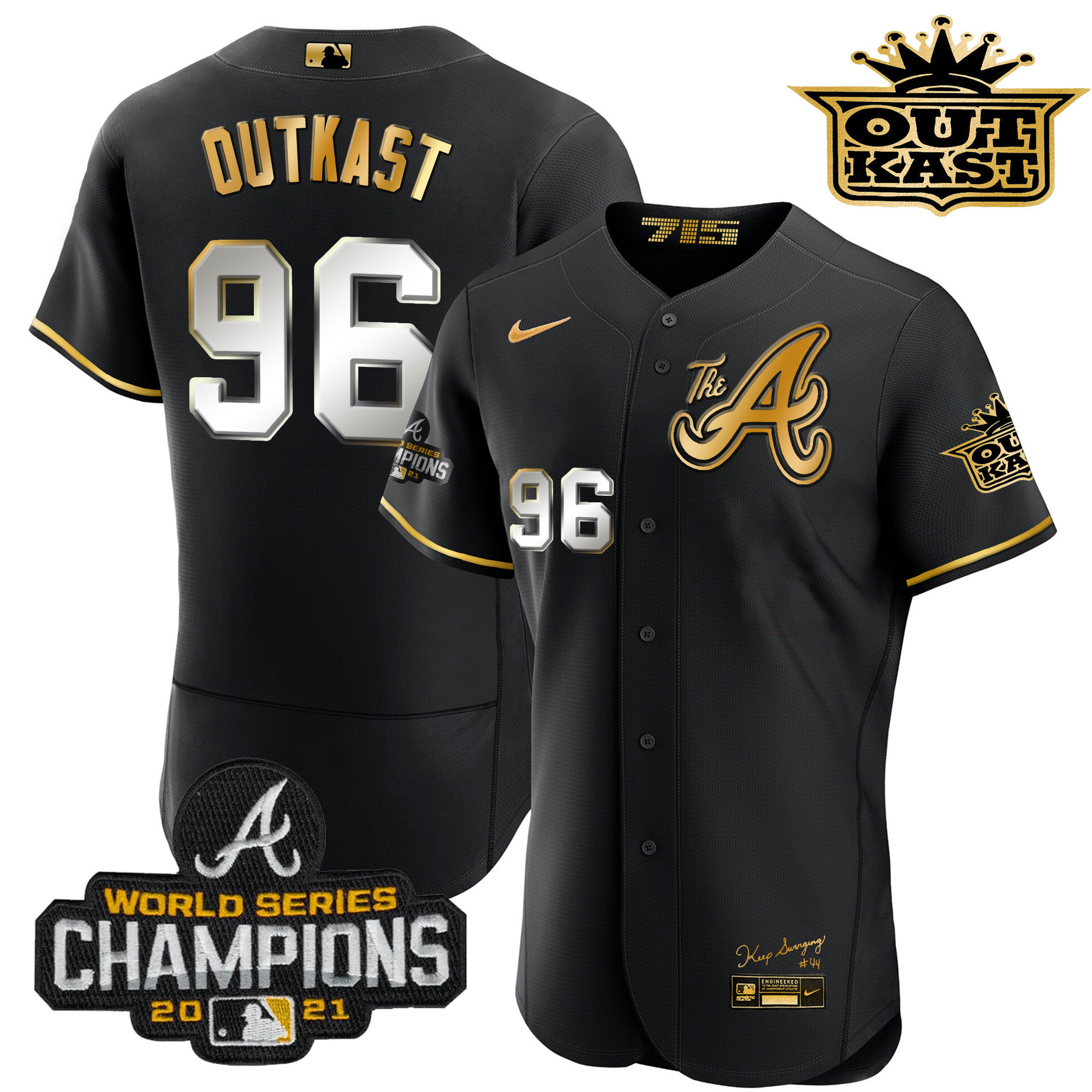 OutKast Men's Atlanta Braves Outkast Gold The A Flex Base Black Gold Jersey - All Stitched