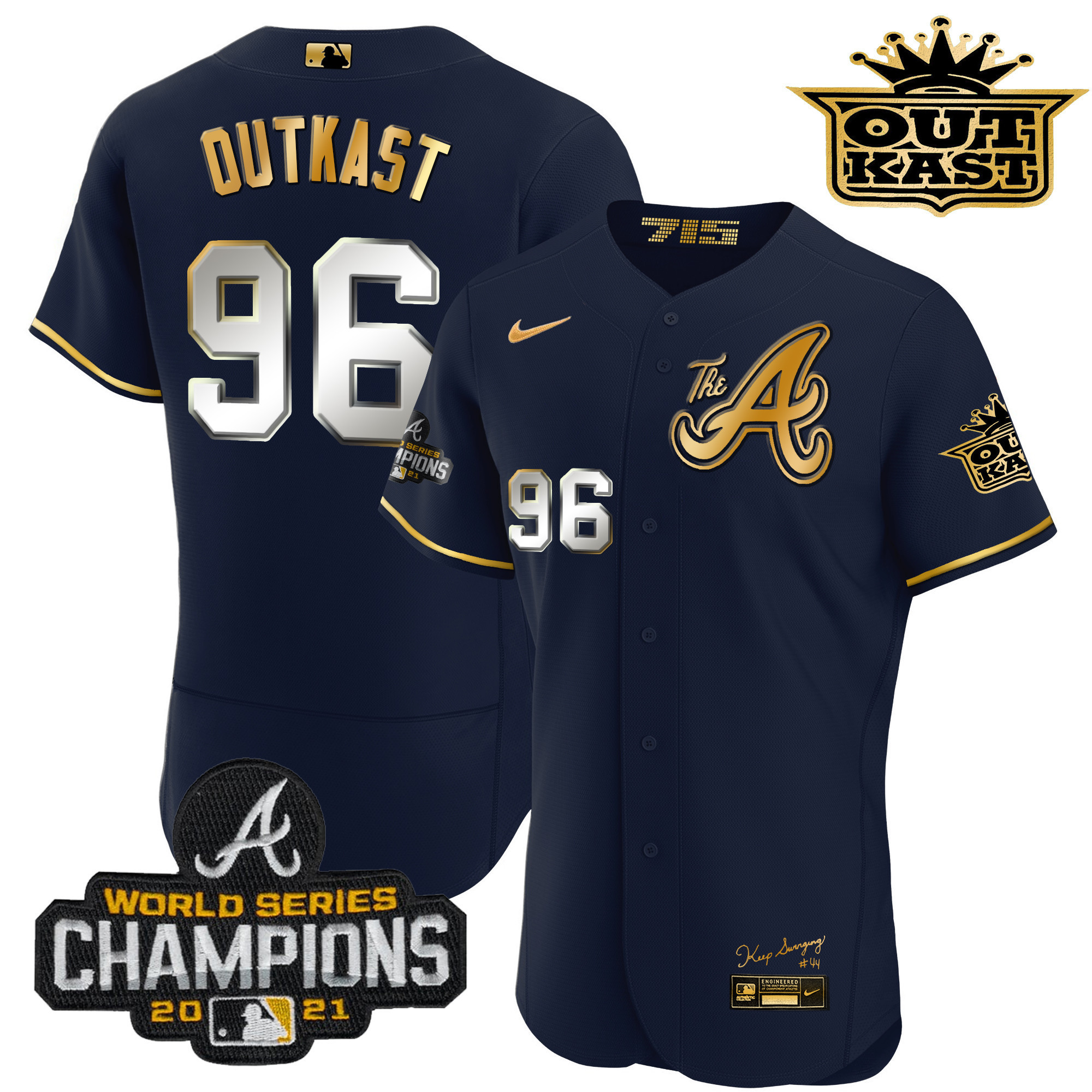 OutKast Men's Atlanta Braves Outkast Gold The A Flex Base Navy Gold Jersey - All Stitched