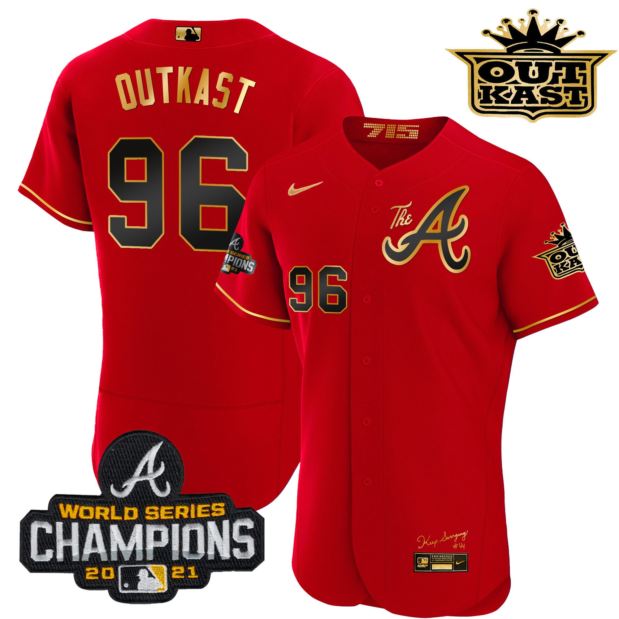 OutKast Men's Atlanta Braves Outkast Gold The A Flex Base Red Gold Jersey - All Stitched