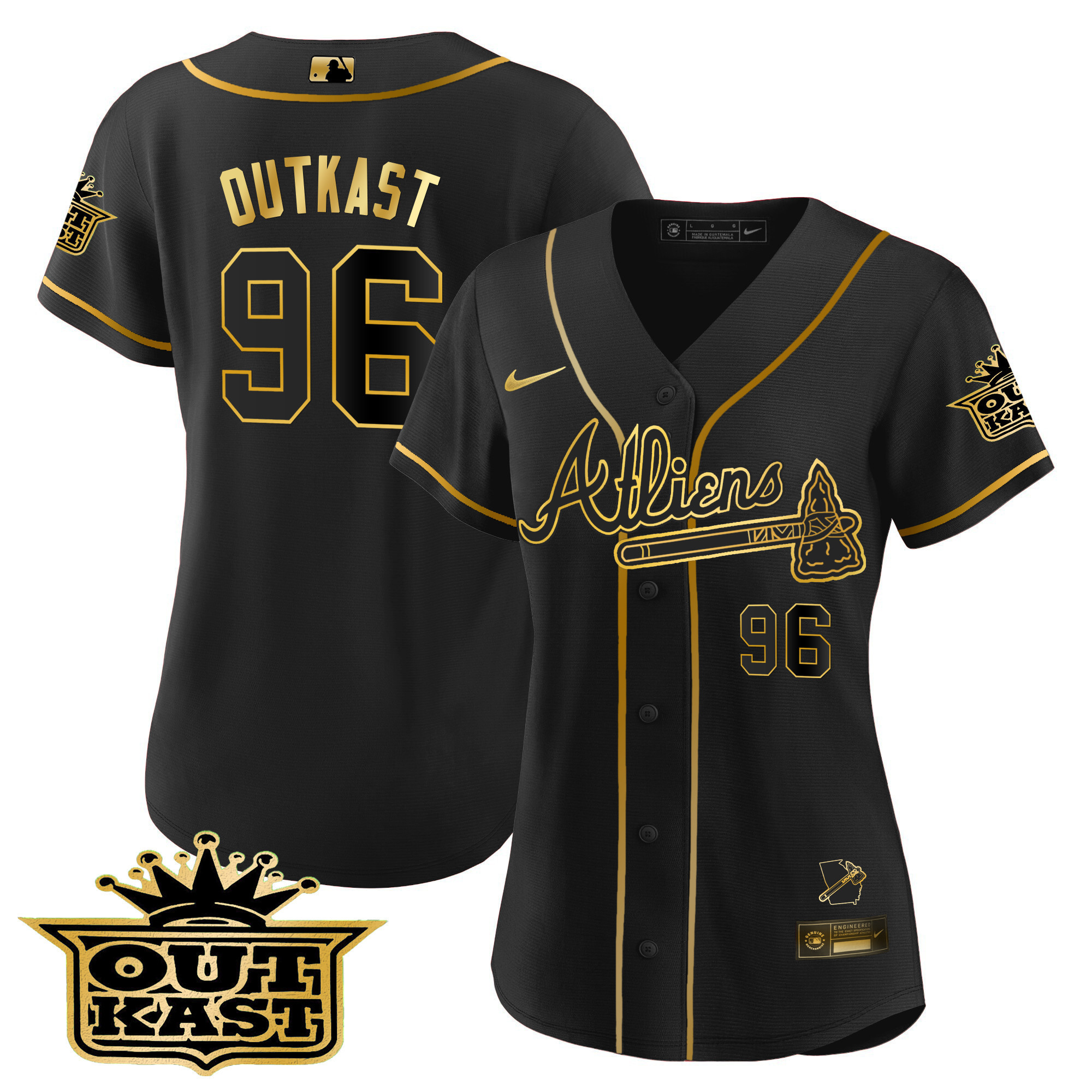 OutKast Women's Atlanta Braves Atliens V2 Black Gold Jersey - All Stitched