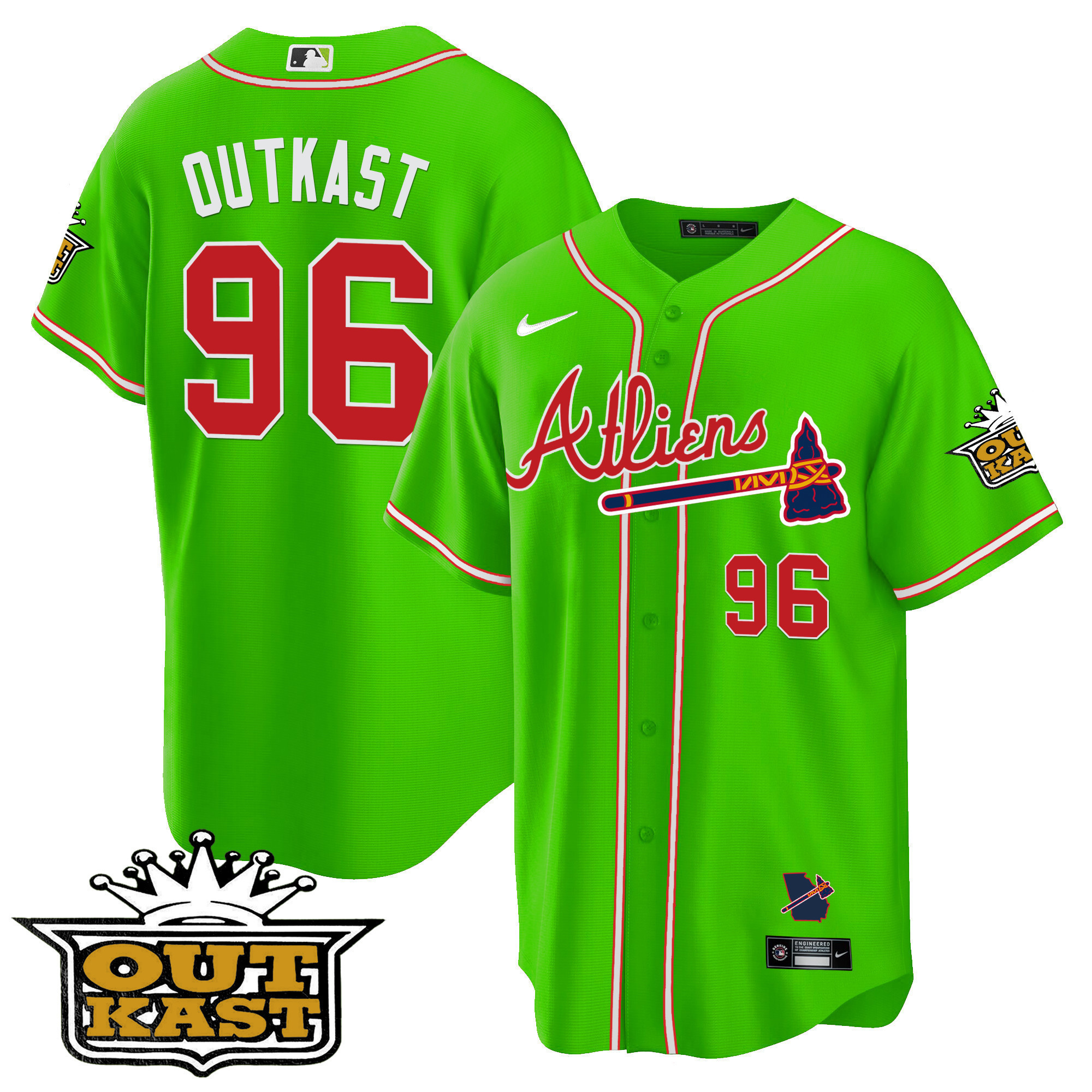 OutKast Youth's Atlanta Braves Atliens Cool Base Bright Green Jersey - All Stitched