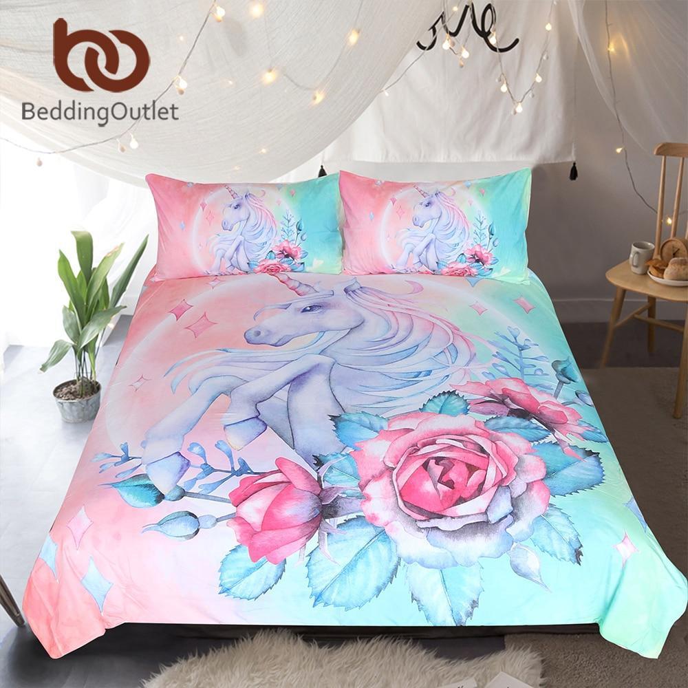 Outlet Unicorn And Rose Cartoon For Kids Duvet Cover Bedding Set