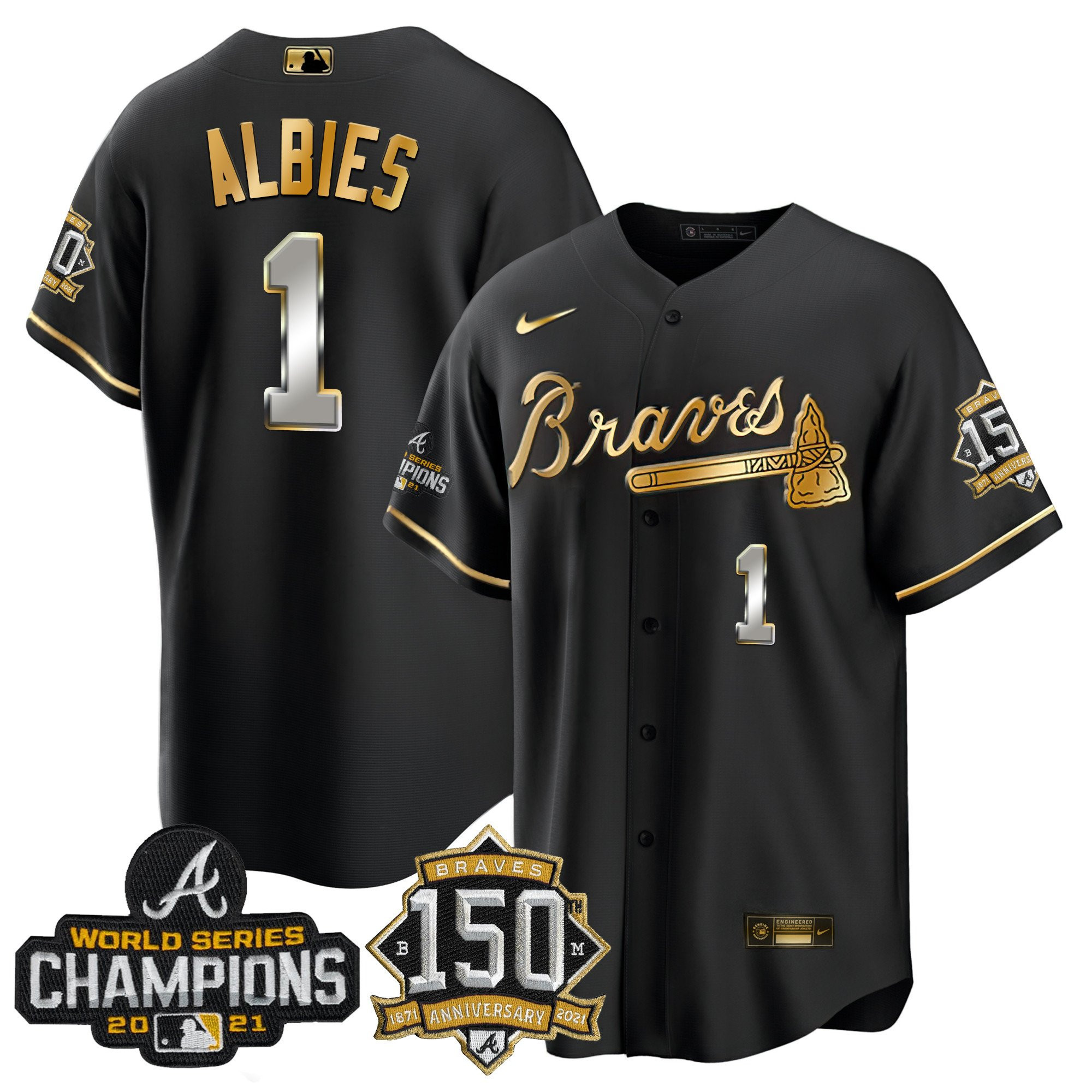 Ozzie Albies Atlanta Braves World Series Champion Black Gold Cool Base Jersey - All Stitched