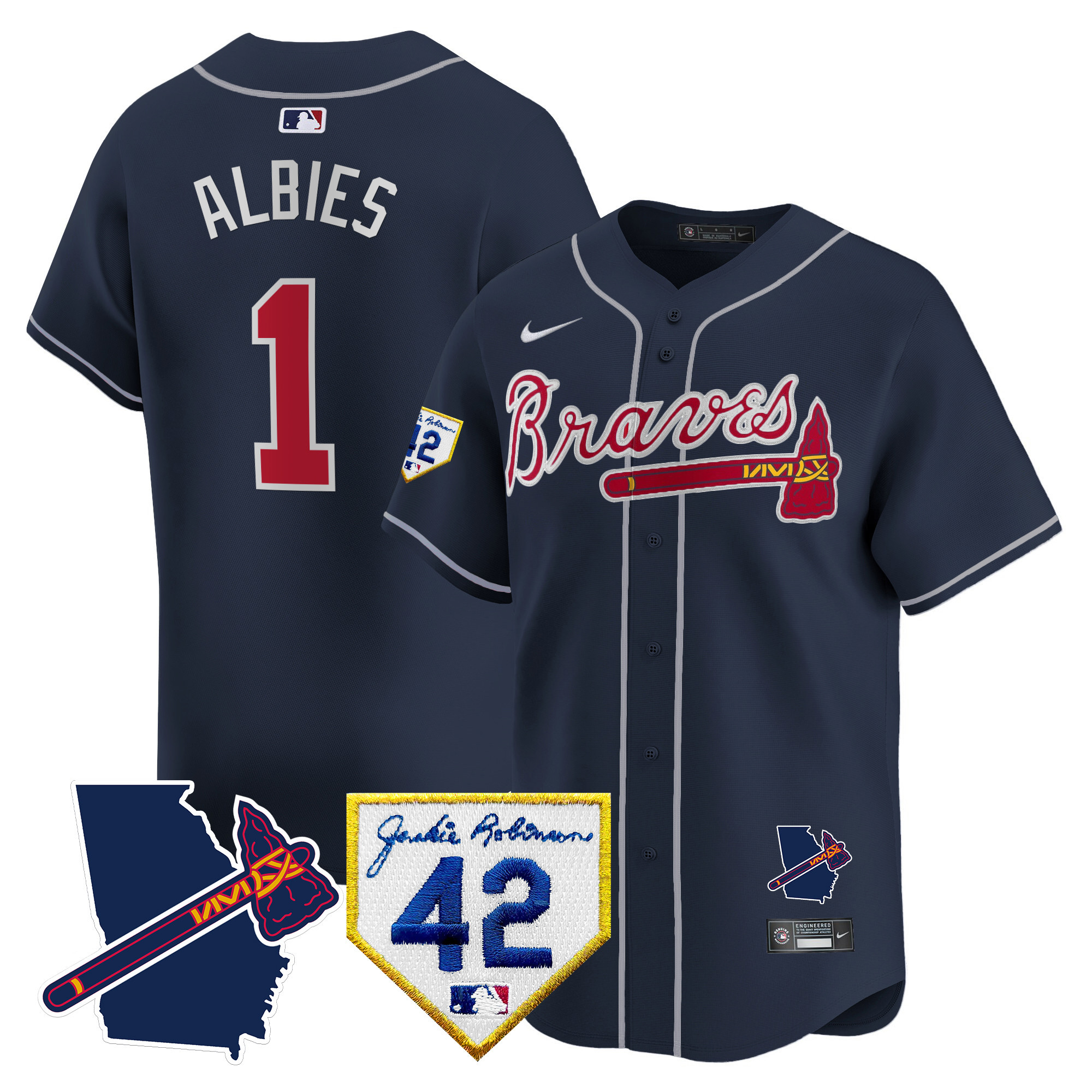 Ozzie Albies Men's Atlanta Braves 2024 Robinson & Georgia Patch Vapor Premier Limited Navy Jersey - All Stitched