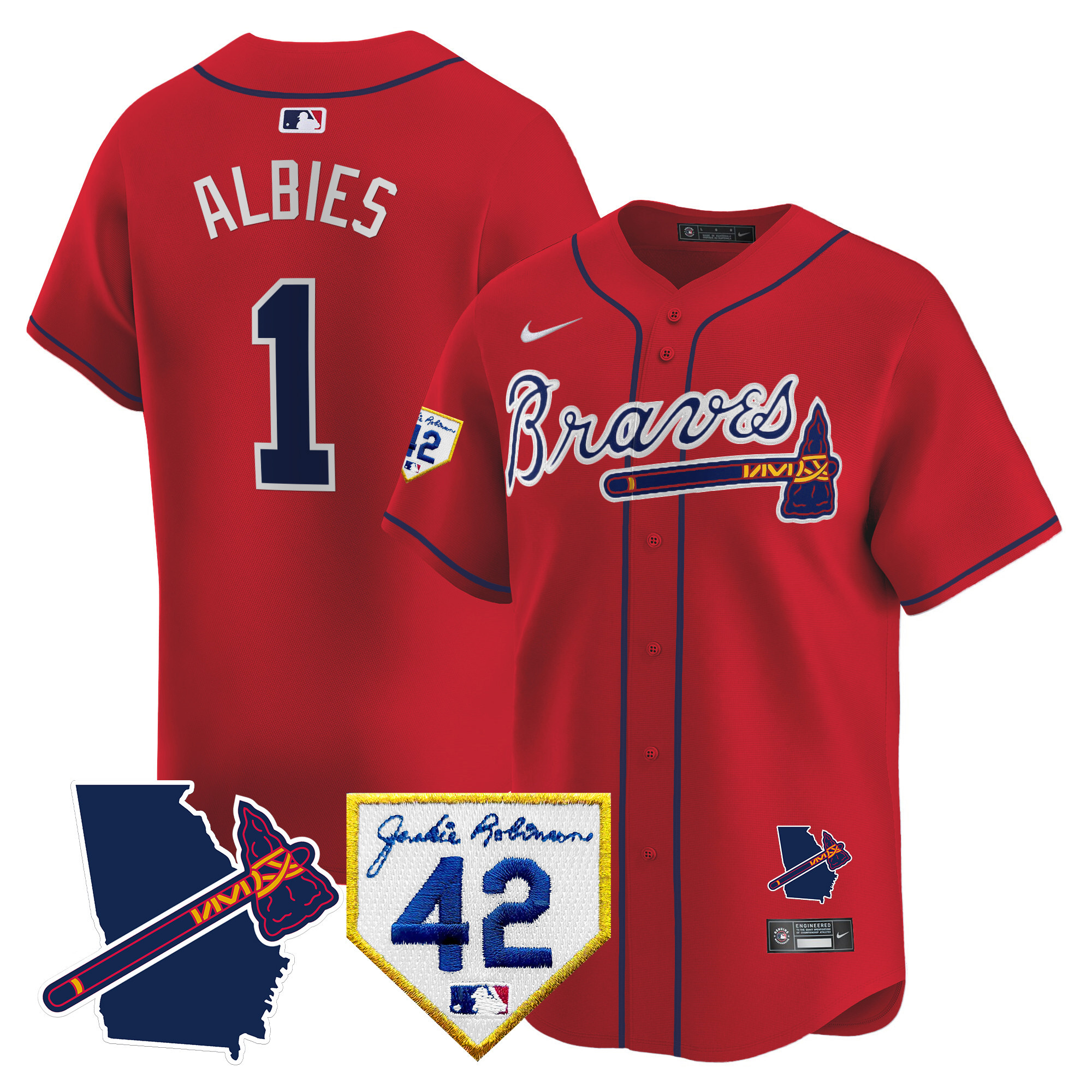 Ozzie Albies Men's Atlanta Braves 2024 Robinson & Georgia Patch Vapor Premier Limited Red Jersey - All Stitched