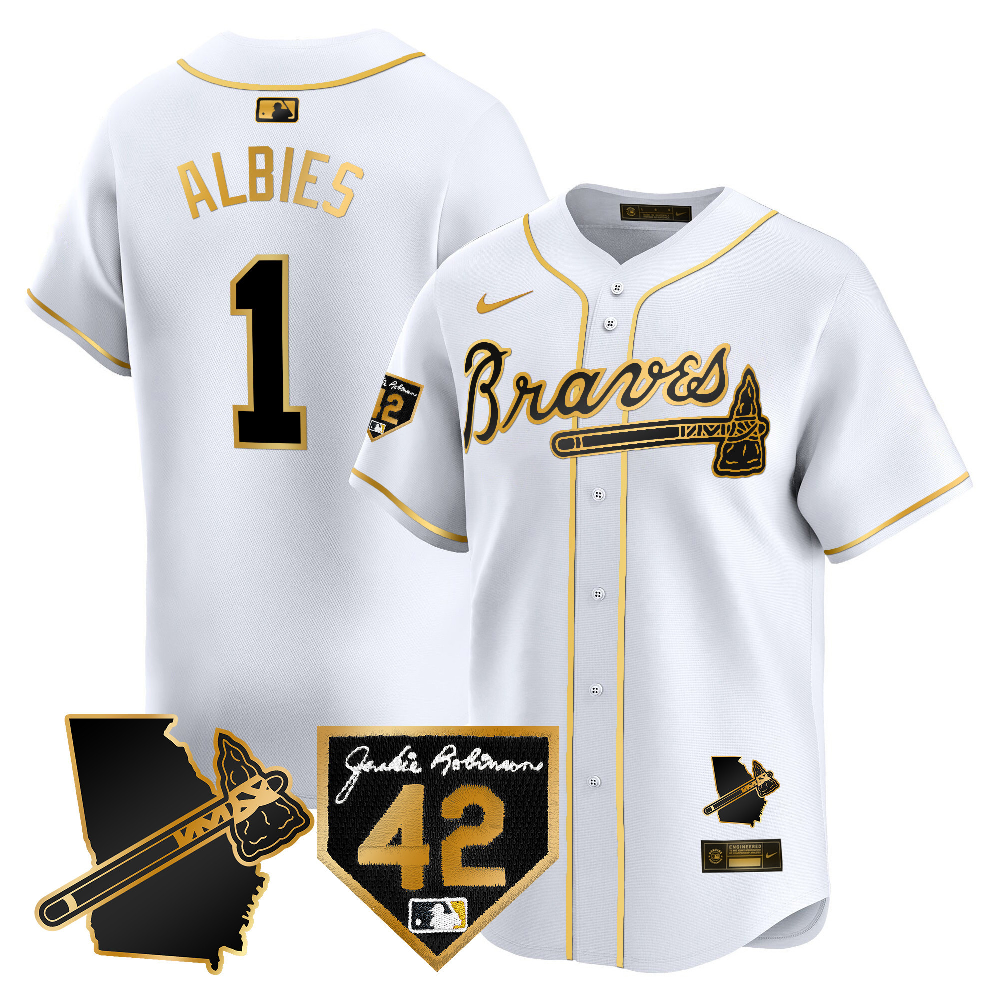 Ozzie Albies Men's Atlanta Braves 2024 Robinson & Georgia Patch Vapor Premier Limited White Gold Jersey - All Stitched