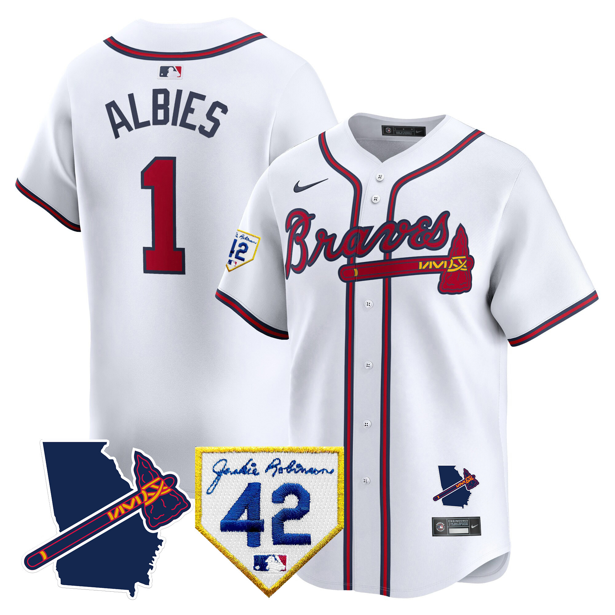 Ozzie Albies Men's Atlanta Braves 2024 Robinson & Georgia Patch Vapor Premier Limited White Jersey - All Stitched
