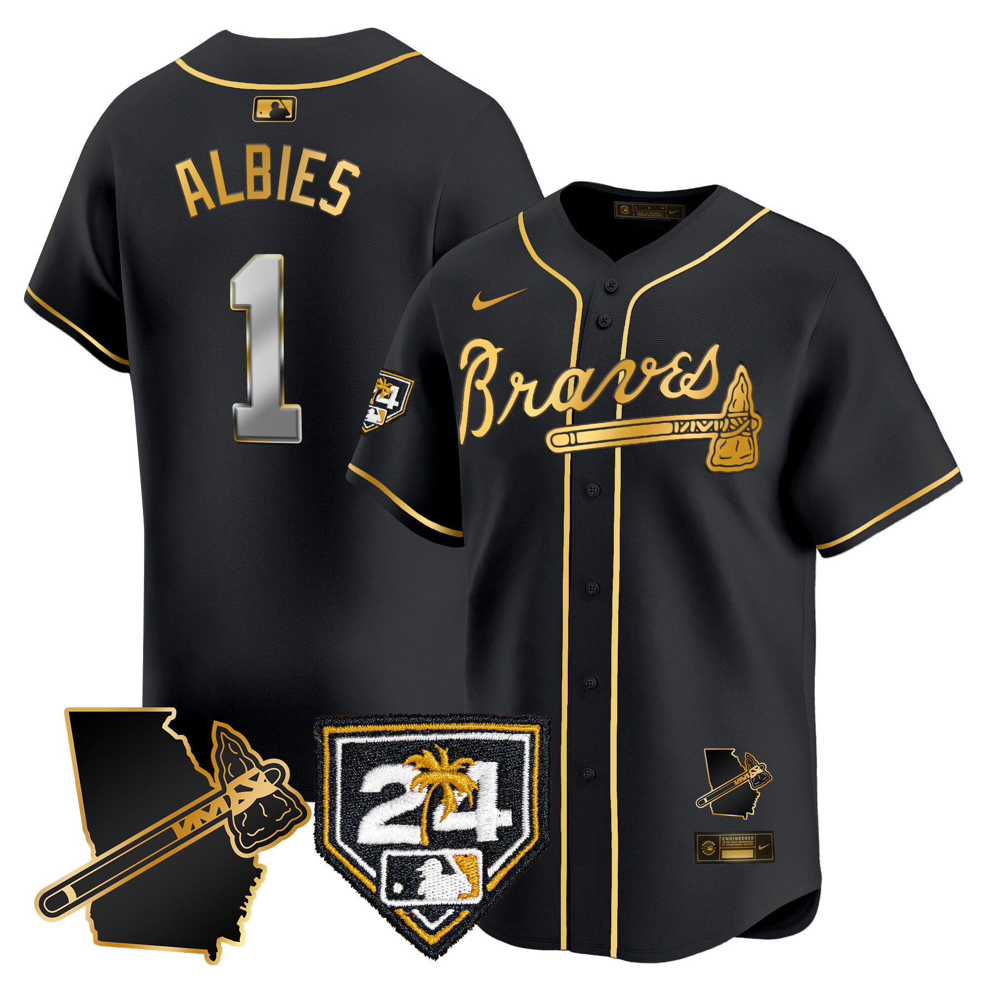 Ozzie Albies Men's Atlanta Braves 2024 Spring Training & Georgia Patch Vapor Premier Limited Black Gold Jersey - All Stitched
