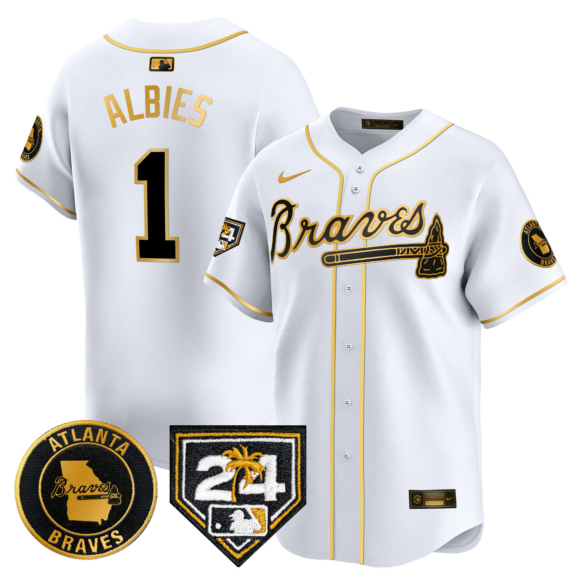 Ozzie Albies Men's Atlanta Braves 2024 Spring Training Patch Vapor Premier Limited White Gold Jersey - All Stitched
