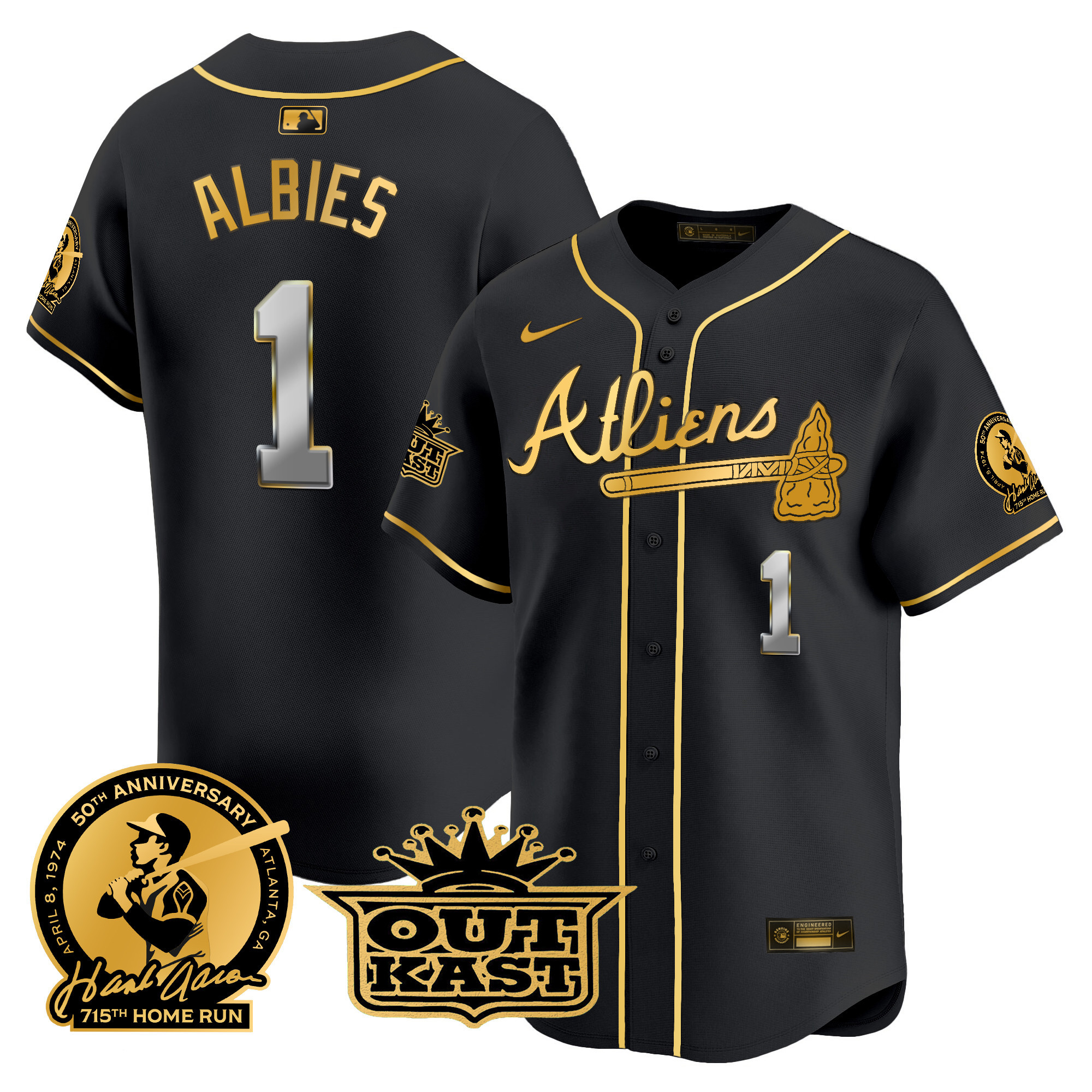Ozzie Albies Men's Atlanta Braves Atliens & Hank Aaron Patch Vapor Premier Limited Black Gold Jersey - All Stitched
