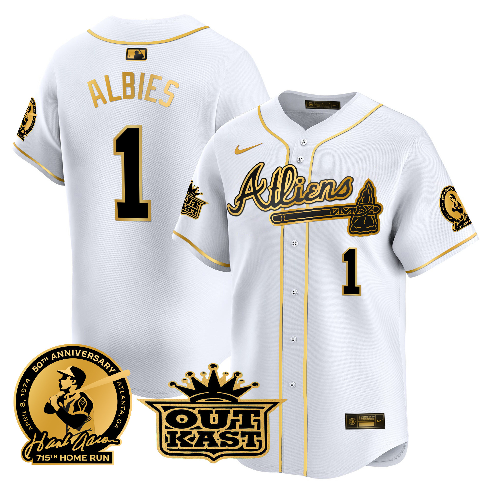Ozzie Albies Men's Atlanta Braves Atliens & Hank Aaron Patch Vapor Premier Limited White Gold Jersey - All Stitched