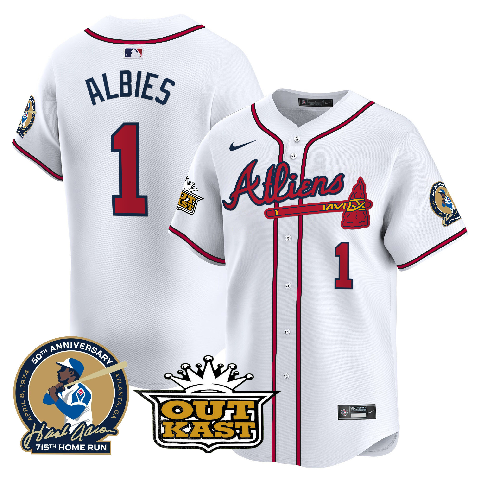 Ozzie Albies Men's Atlanta Braves Atliens & Hank Aaron Patch Vapor Premier Limited White Jersey - All Stitched