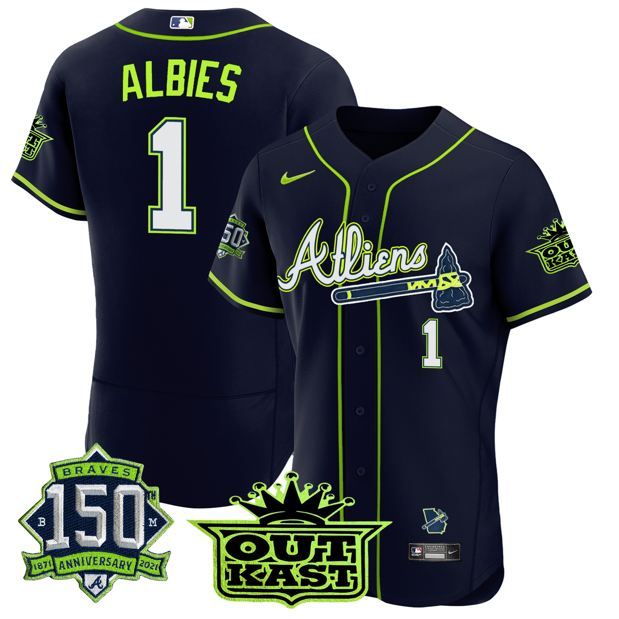Ozzie Albies Men's Atlanta Braves Atliens 150th Anniversary Patch Flex Base Jersey - All Stitched