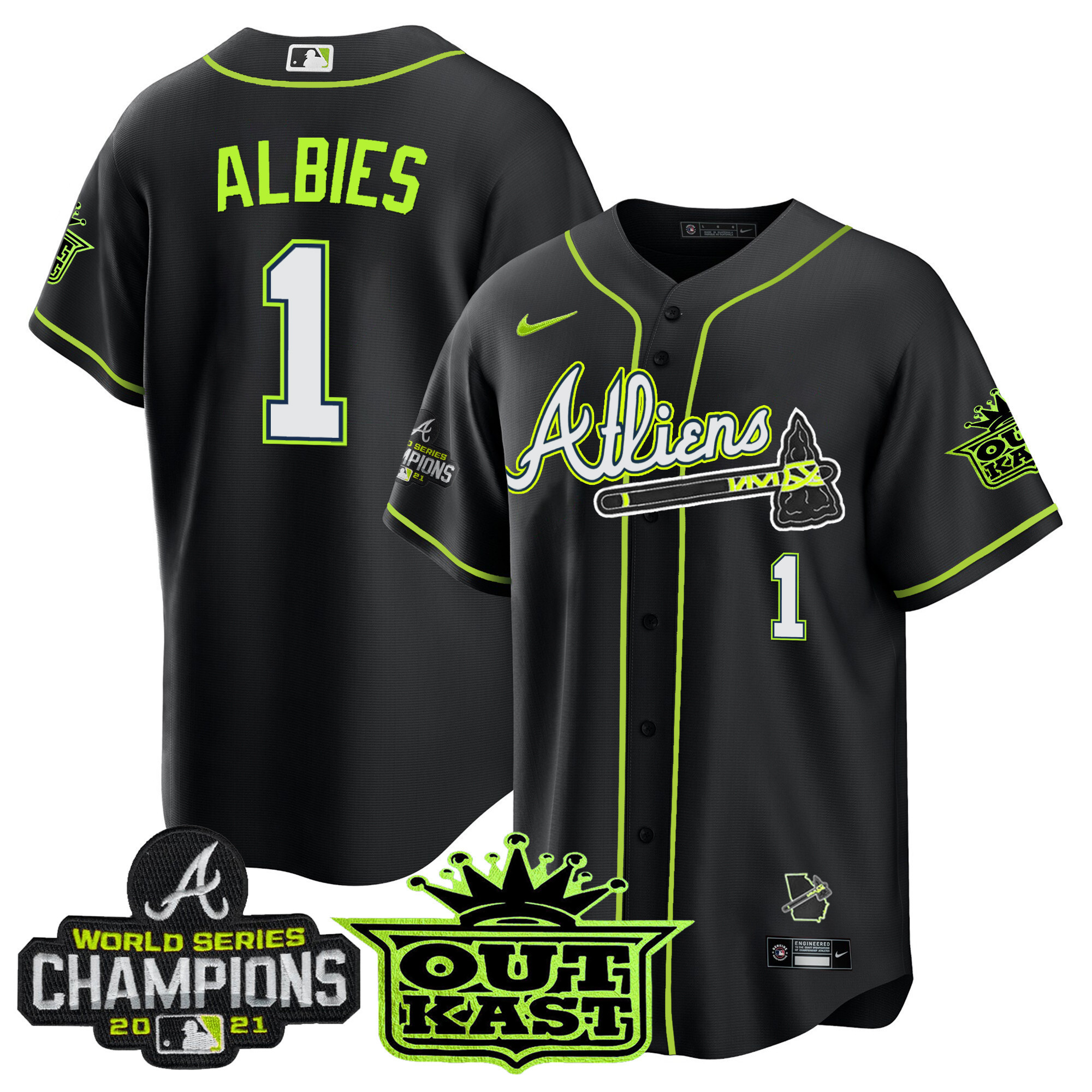 Ozzie Albies Men's Atlanta Braves Atliens Champions Cool Base Black Jersey - All Stitched