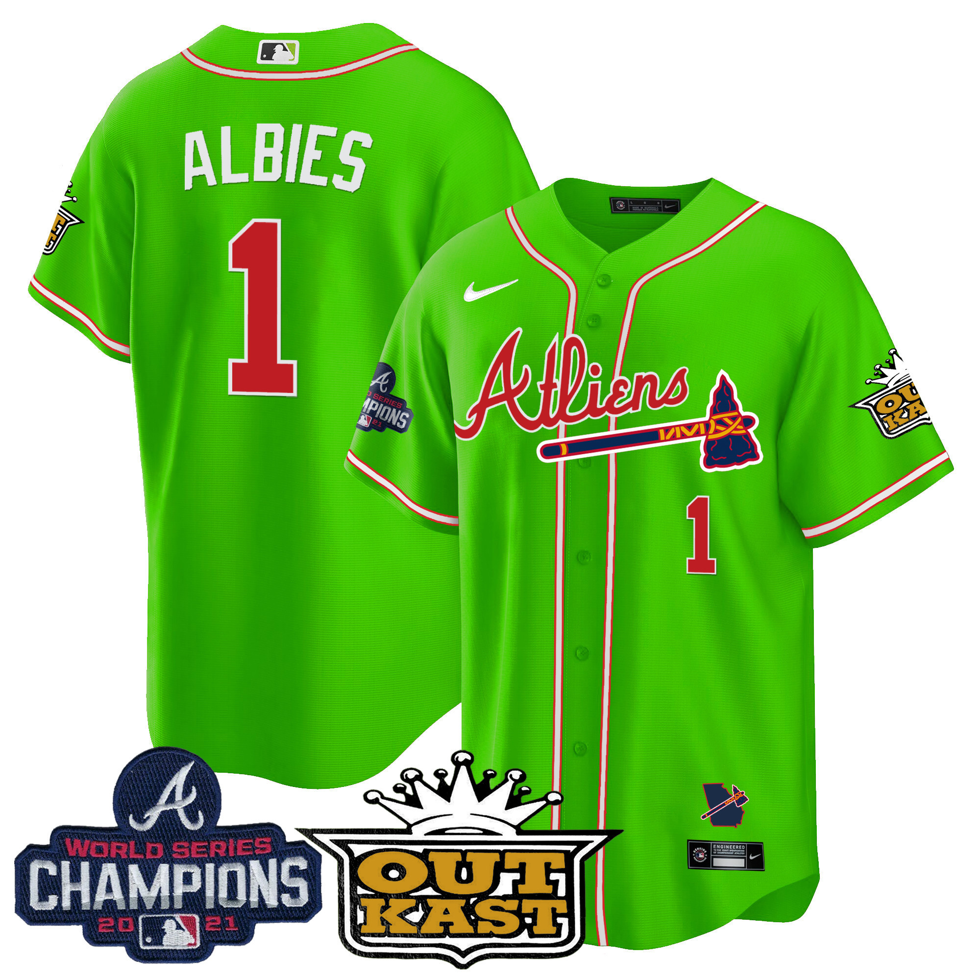 Ozzie Albies Men's Atlanta Braves Atliens Champions Cool Base Bright Green Jersey - All Stitched
