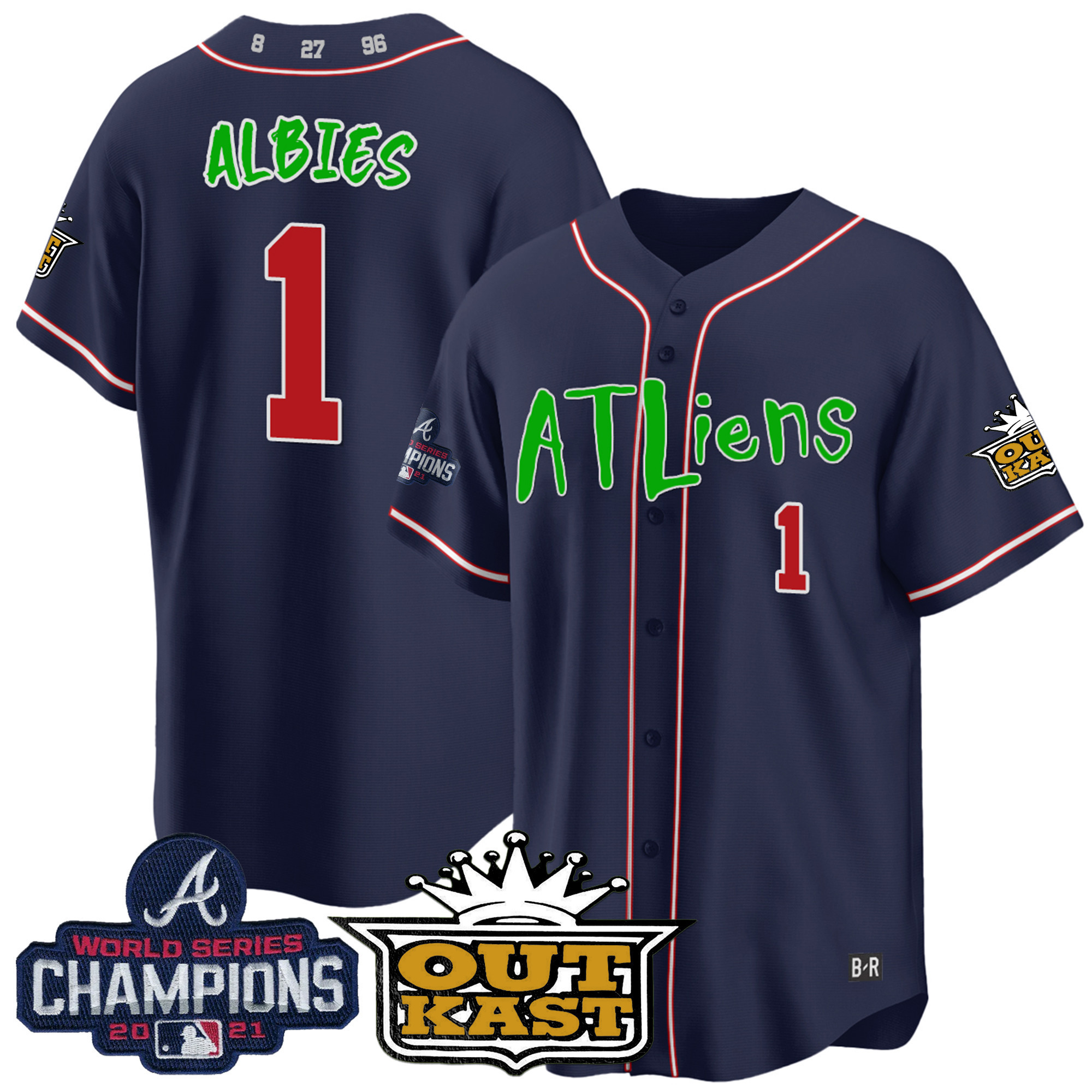 Ozzie Albies Men's Atlanta Braves Atliens Champions Cool Base Navy Jersey - All Stitched