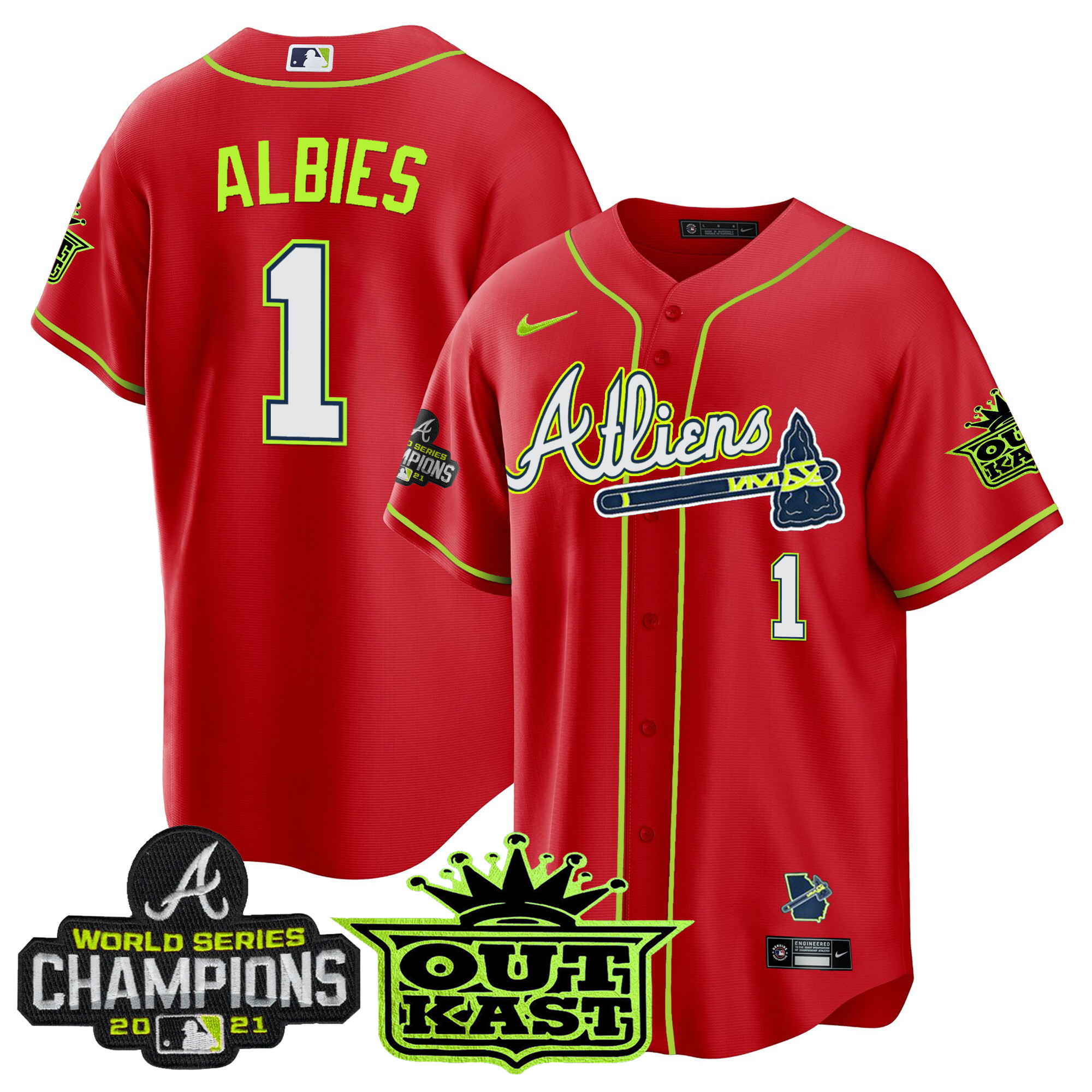 Ozzie Albies Men's Atlanta Braves Atliens Champions Cool Base Red Jersey - All Stitched