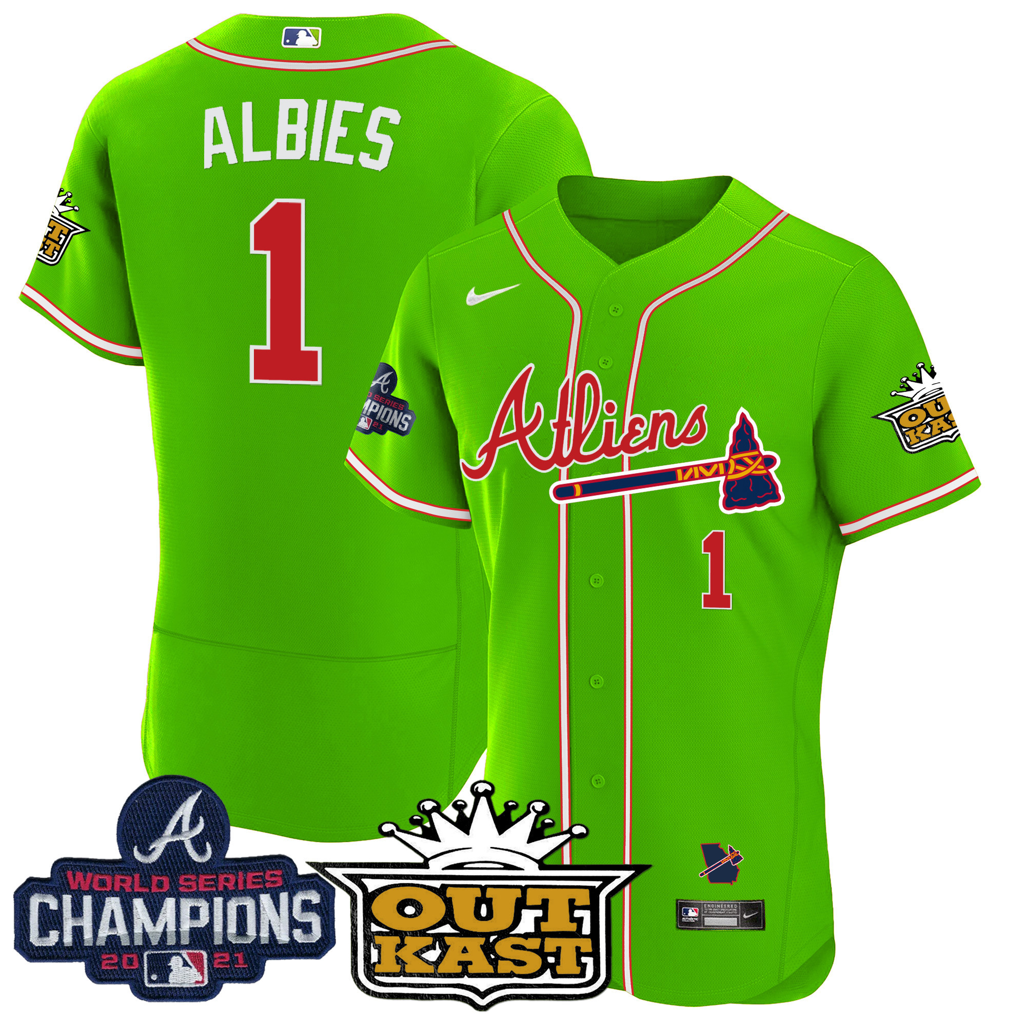 Ozzie Albies Men's Atlanta Braves Atliens Champions Flex Base Bright Green Jersey - All Stitched