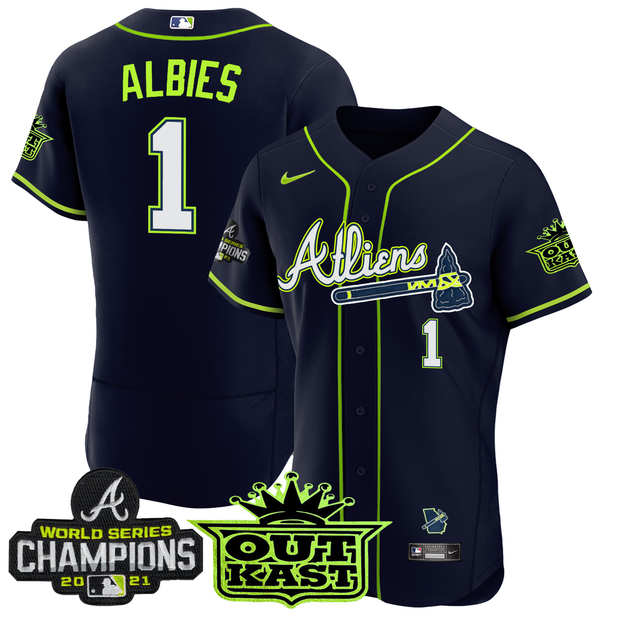 Ozzie Albies Men's Atlanta Braves Atliens Champions Flex Base Jersey - All Stitched
