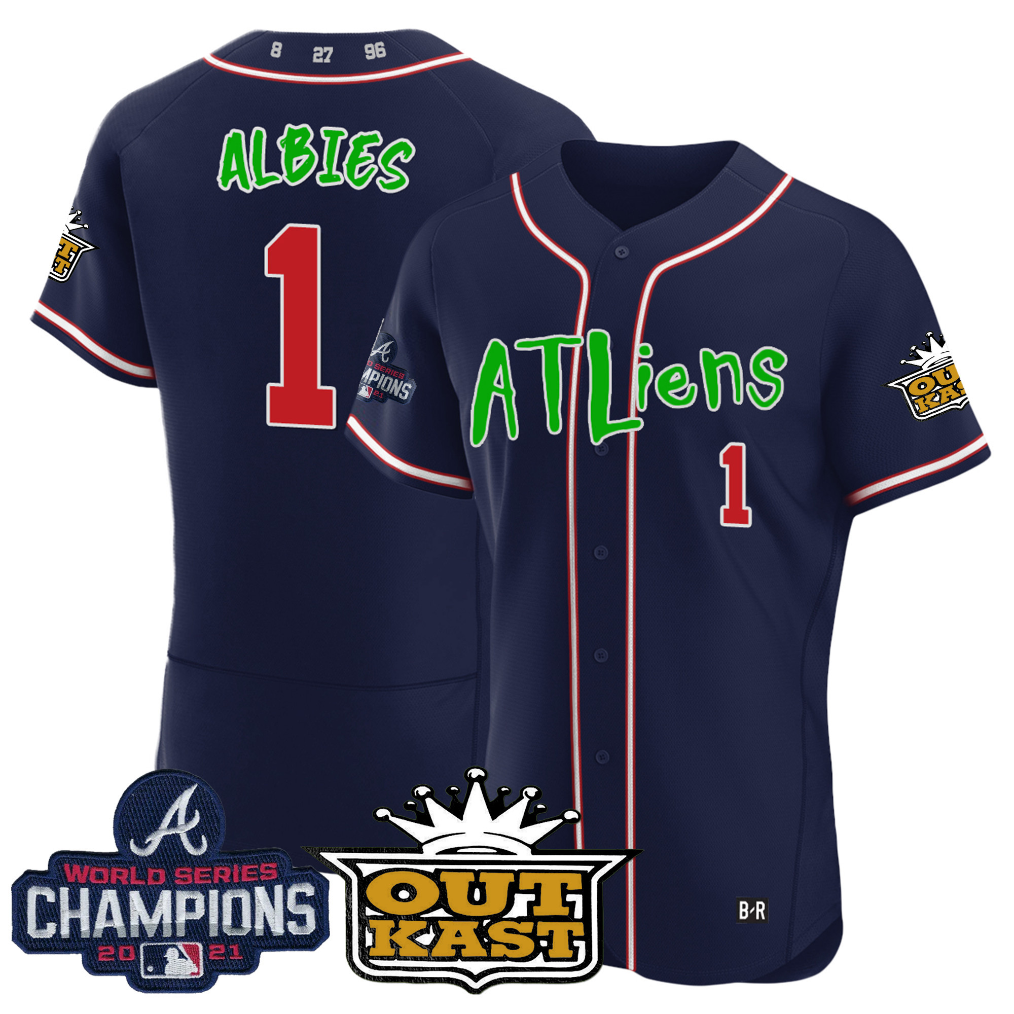 Ozzie Albies Men's Atlanta Braves Atliens Champions Flex Base Navy Jersey - All Stitched