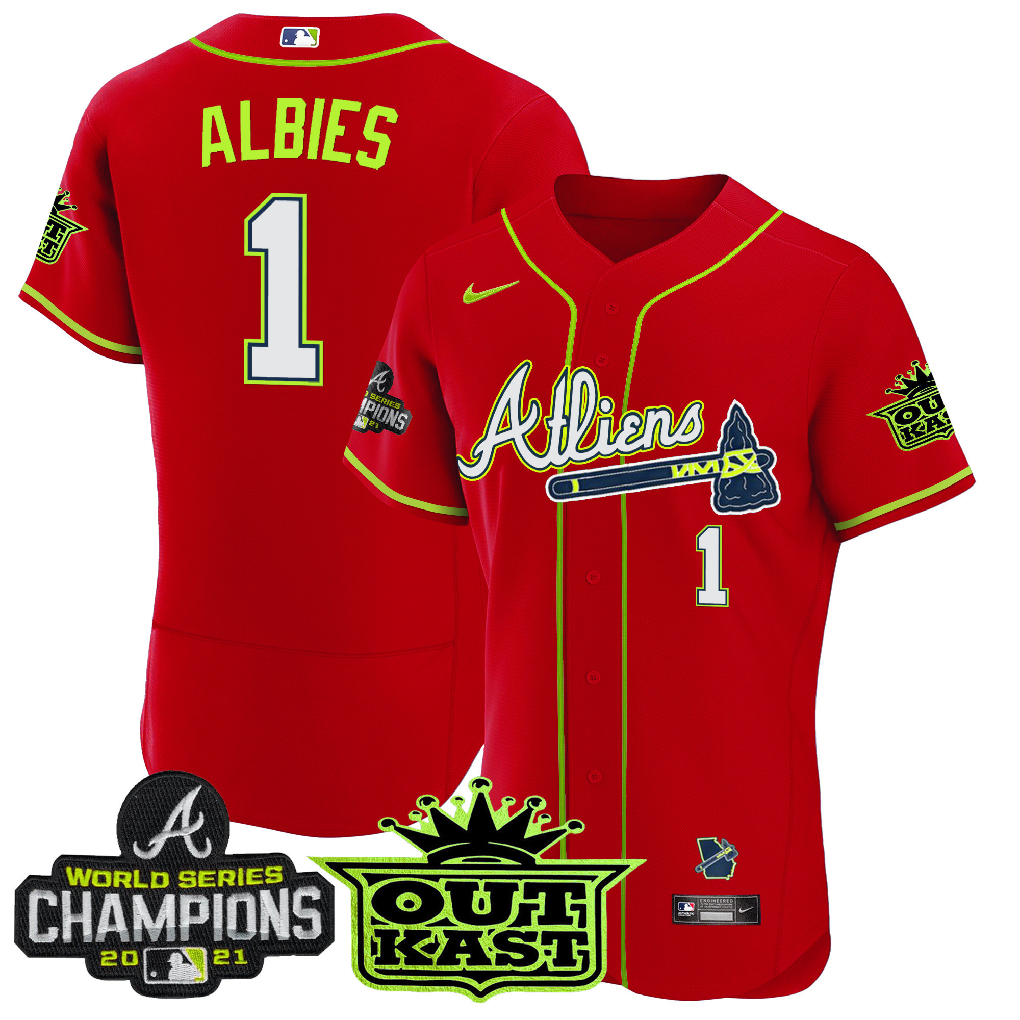 Ozzie Albies Men's Atlanta Braves Atliens Champions Flex Base Red Jersey - All Stitched