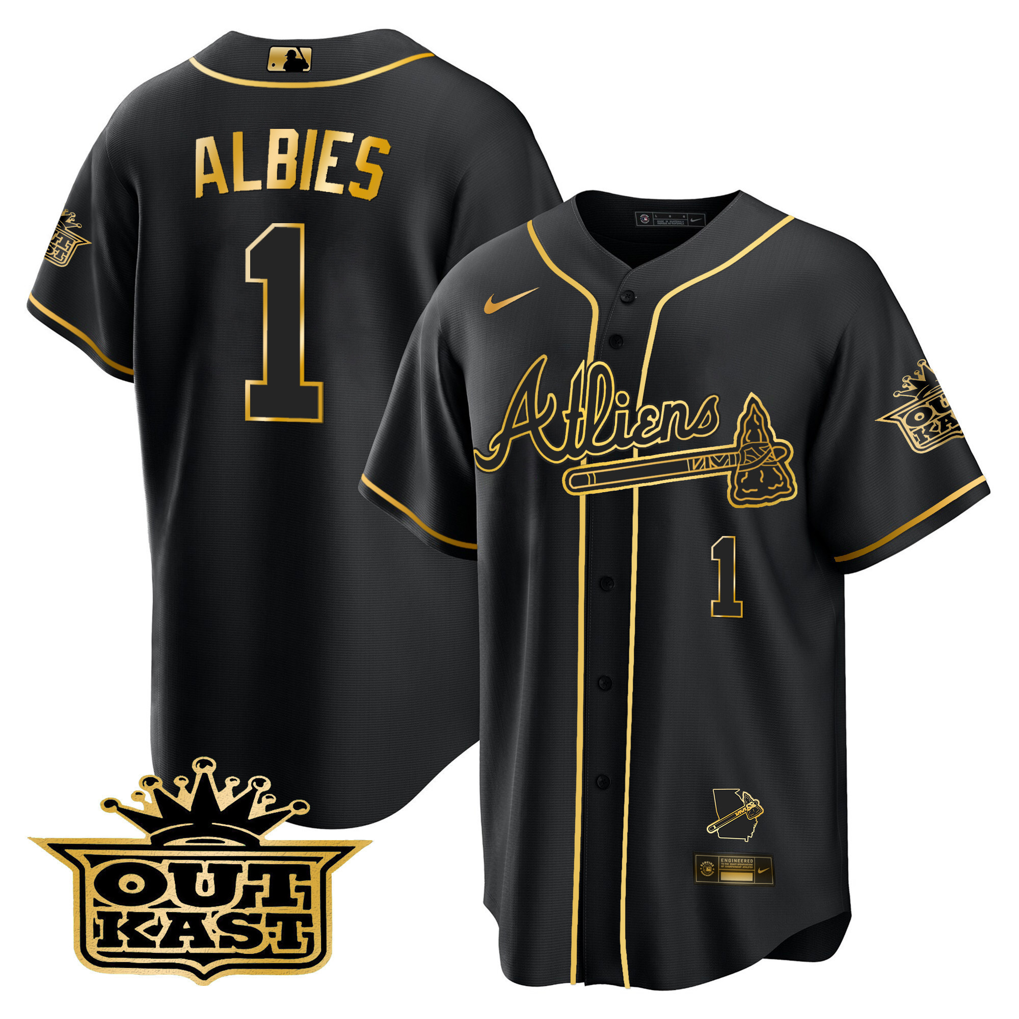 Ozzie Albies Men's Atlanta Braves Atliens Cool Base V2 Black Gold Jersey - All Stitched