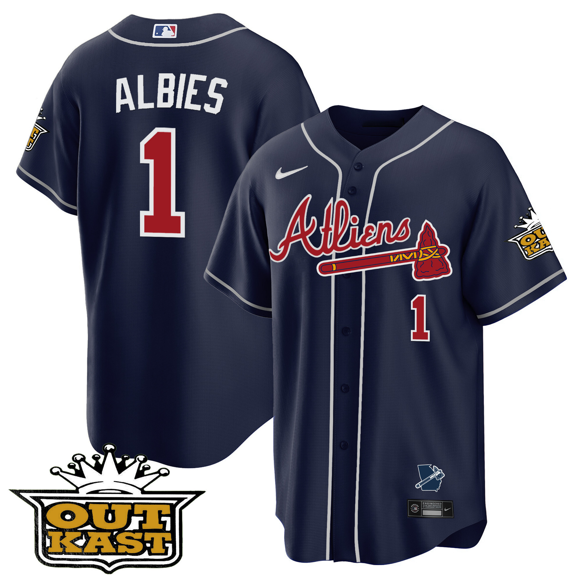 Ozzie Albies Men's Atlanta Braves Atliens Cool Base V2 Navy Jersey - All Stitched