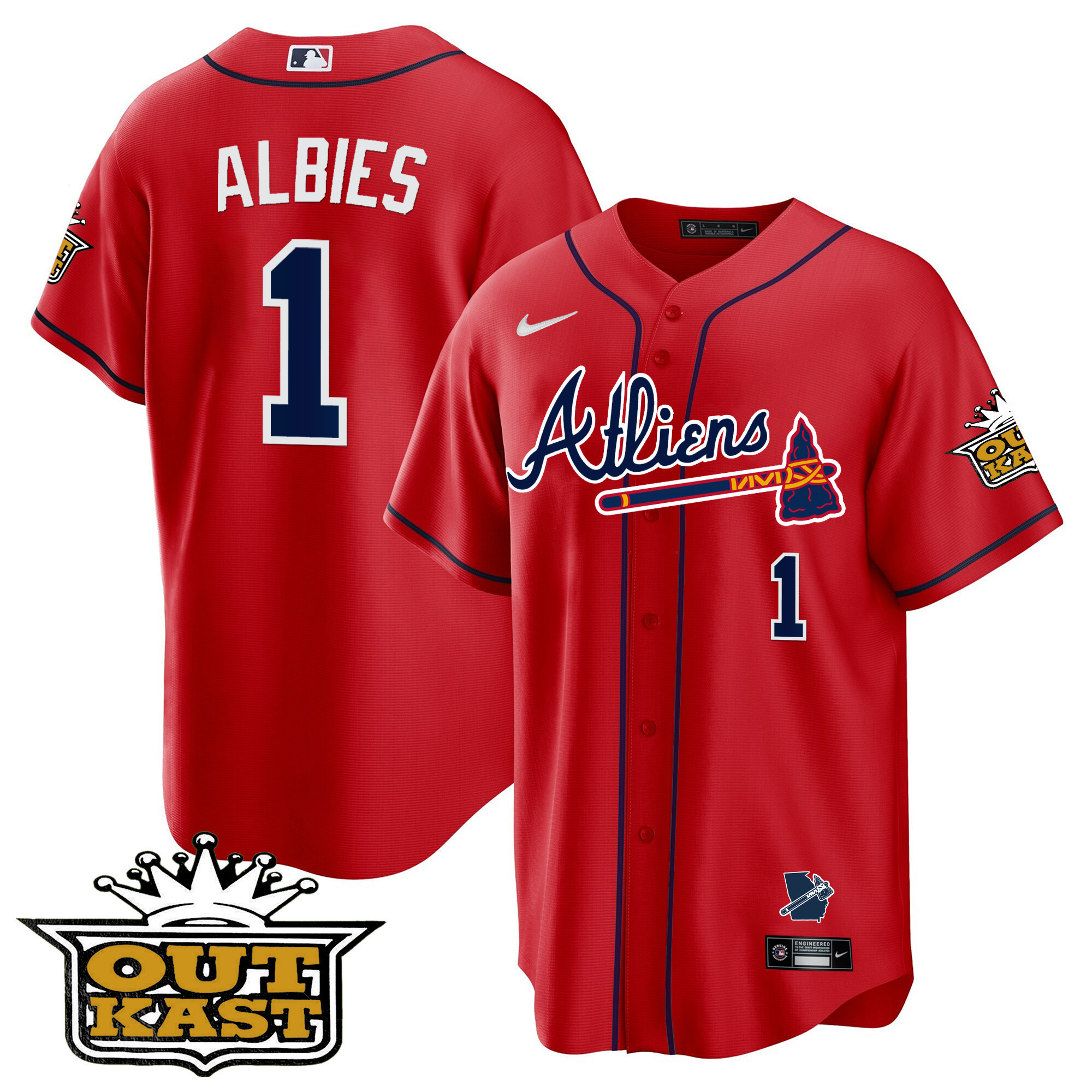 Ozzie Albies Men's Atlanta Braves Atliens Cool Base V2 Red Jersey - All Stitched