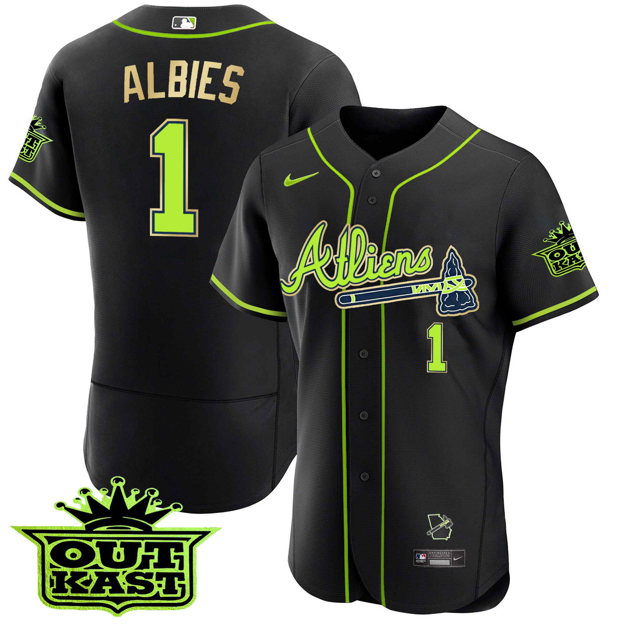 Ozzie Albies Men's Atlanta Braves Atliens Flex Base Gold Trim Black Jersey - All Stitched