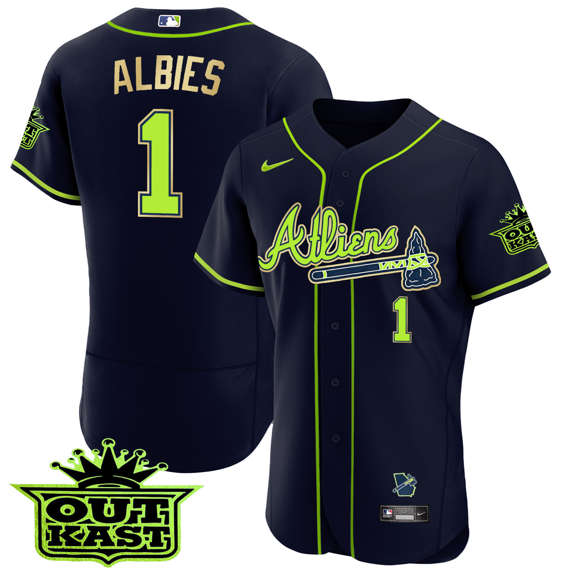Ozzie Albies Men's Atlanta Braves Atliens Flex Base Gold Trim Jersey - All Stitched