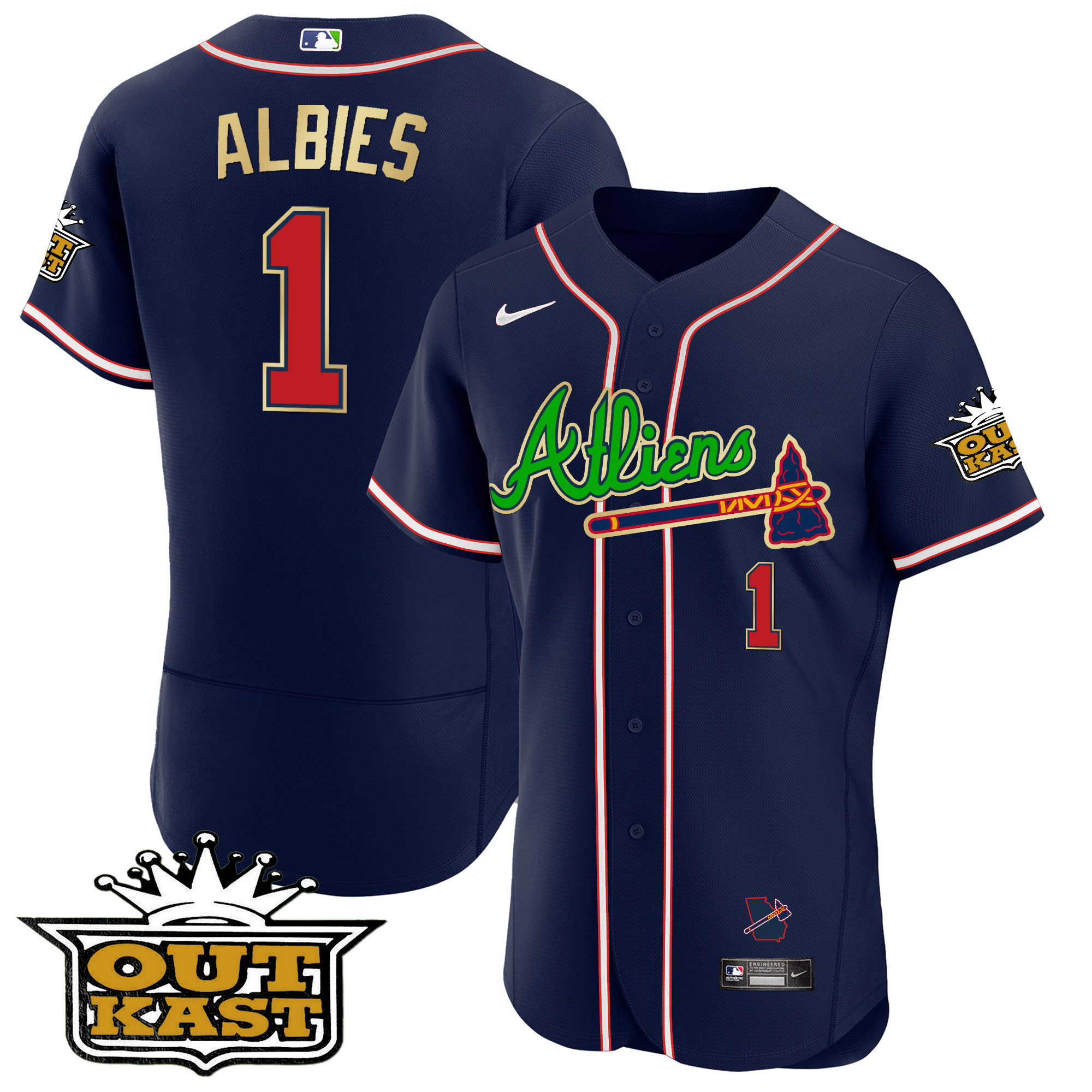 Ozzie Albies Men's Atlanta Braves Atliens Flex Base Gold Trim Navy Jersey - All Stitched