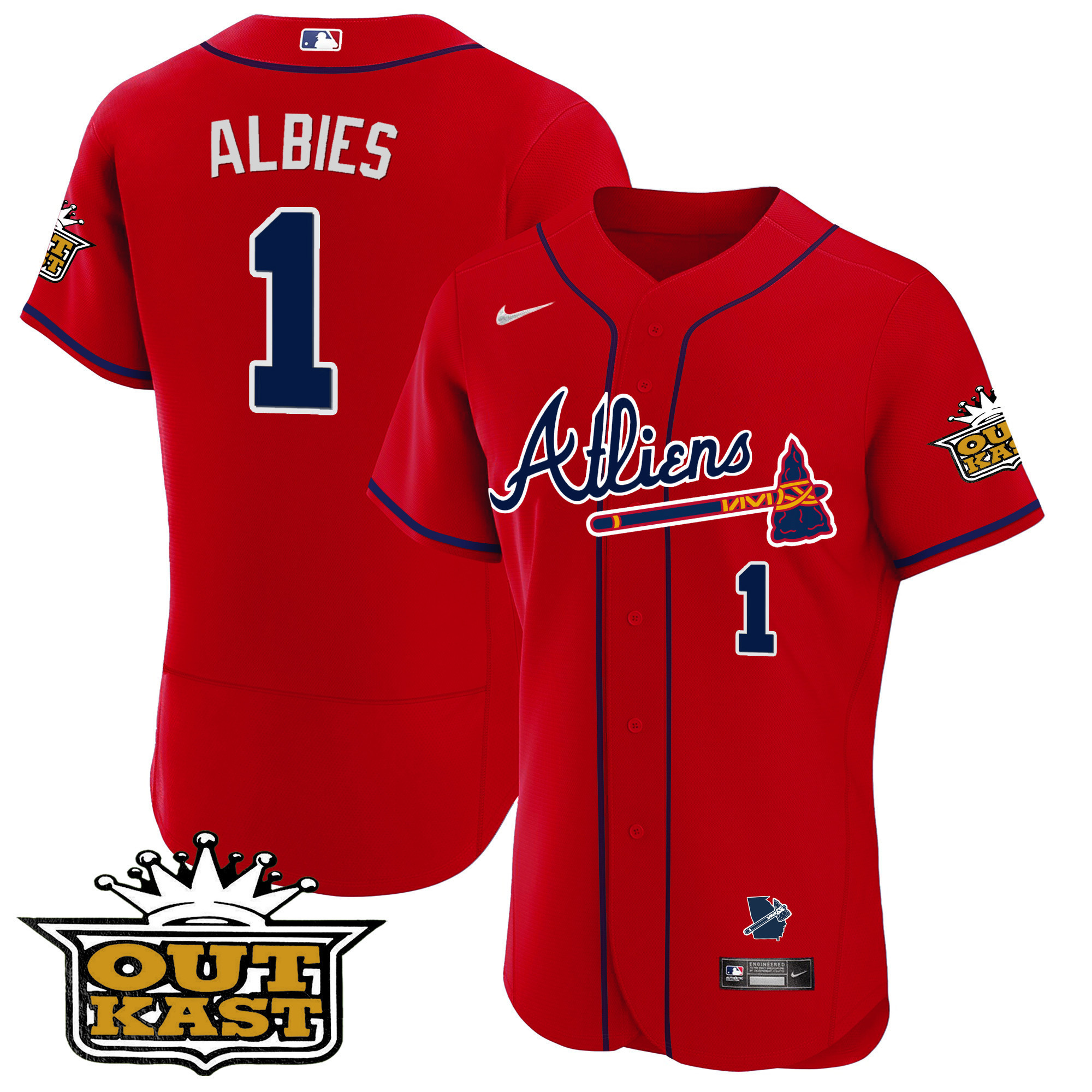 Ozzie Albies Men's Atlanta Braves Atliens Flex Base V2 Red Jersey - All Stitched