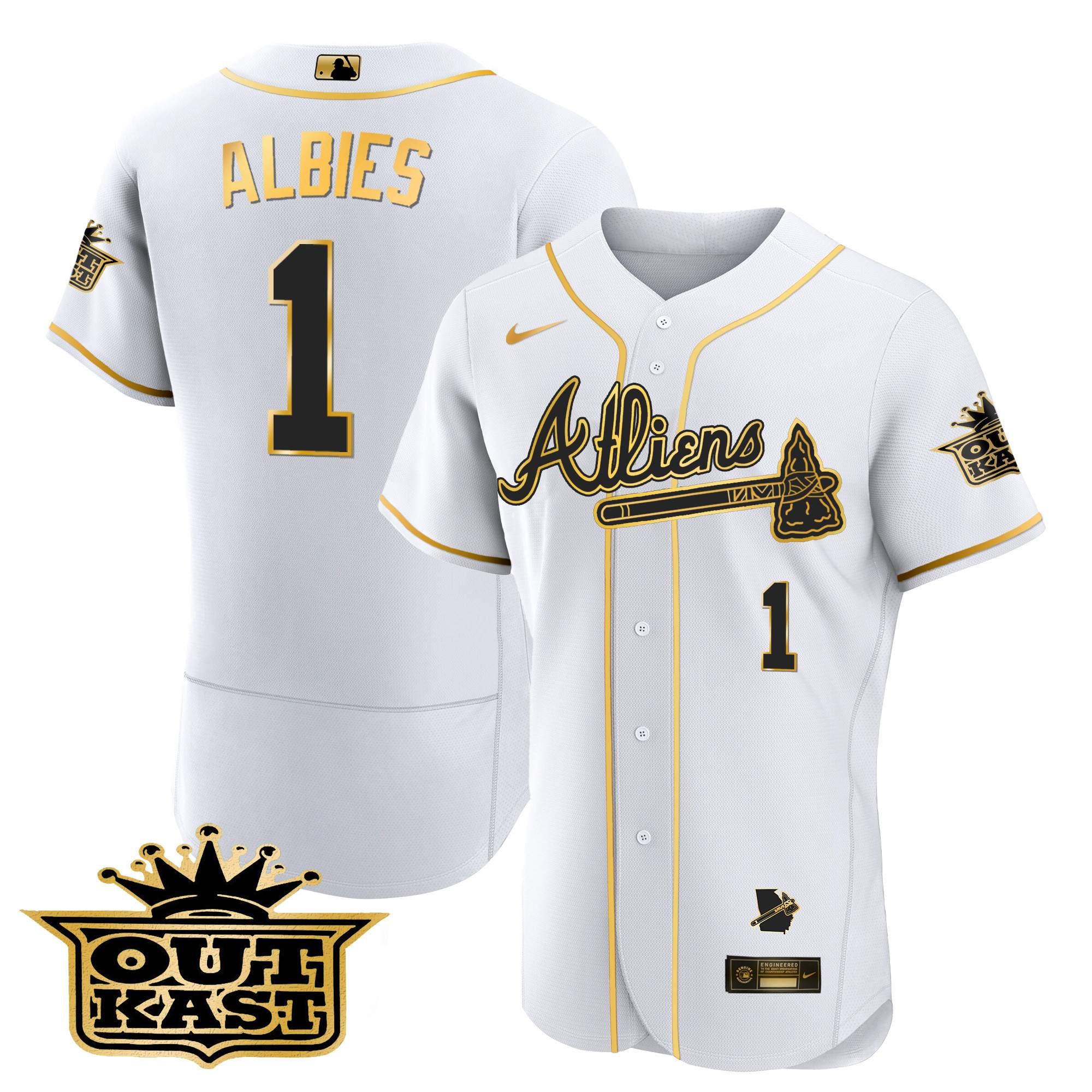 Ozzie Albies Men's Atlanta Braves Atliens Flex Base V2 White Gold Jersey - All Stitched