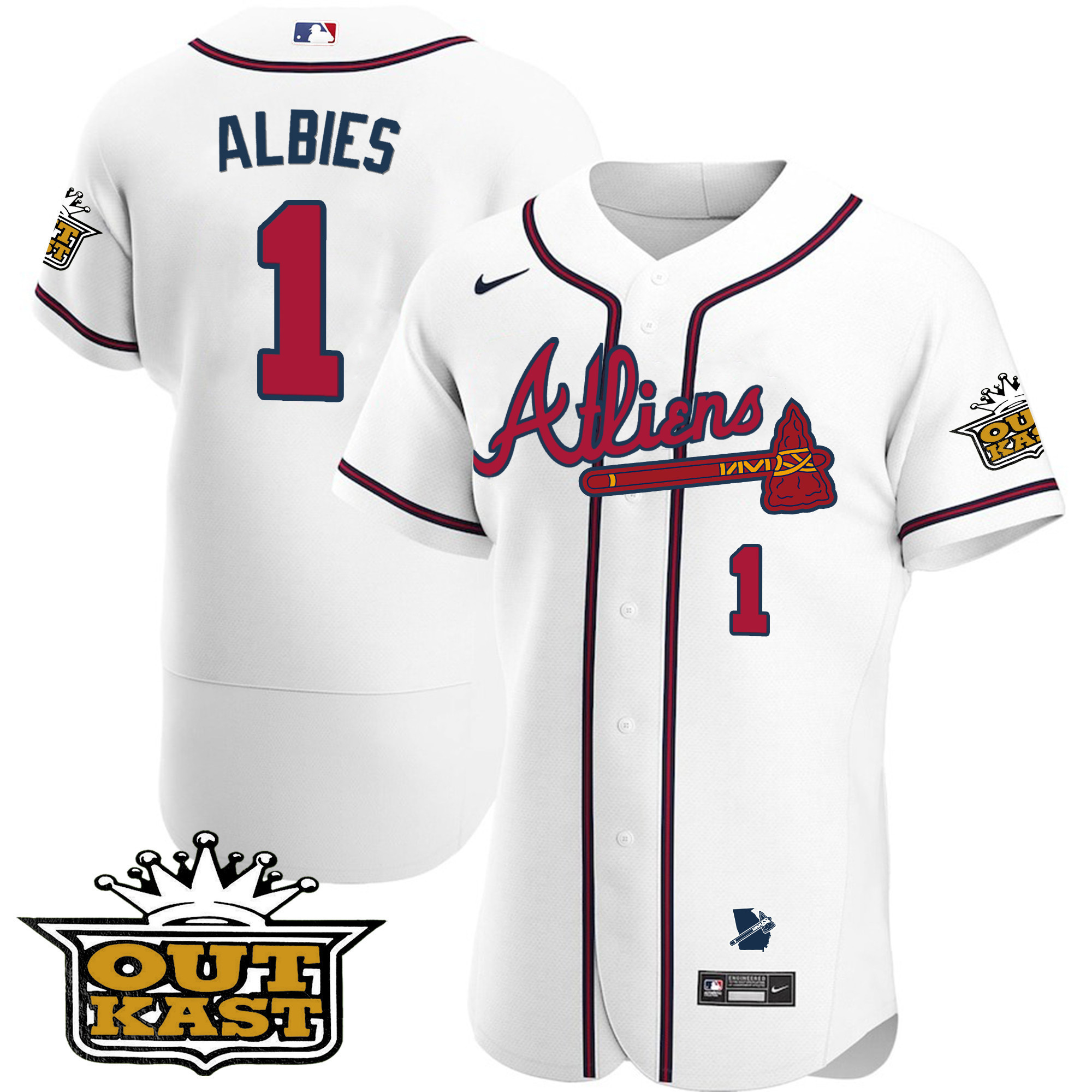 Ozzie Albies Men's Atlanta Braves Atliens Flex Base V2 White Jersey - All Stitched