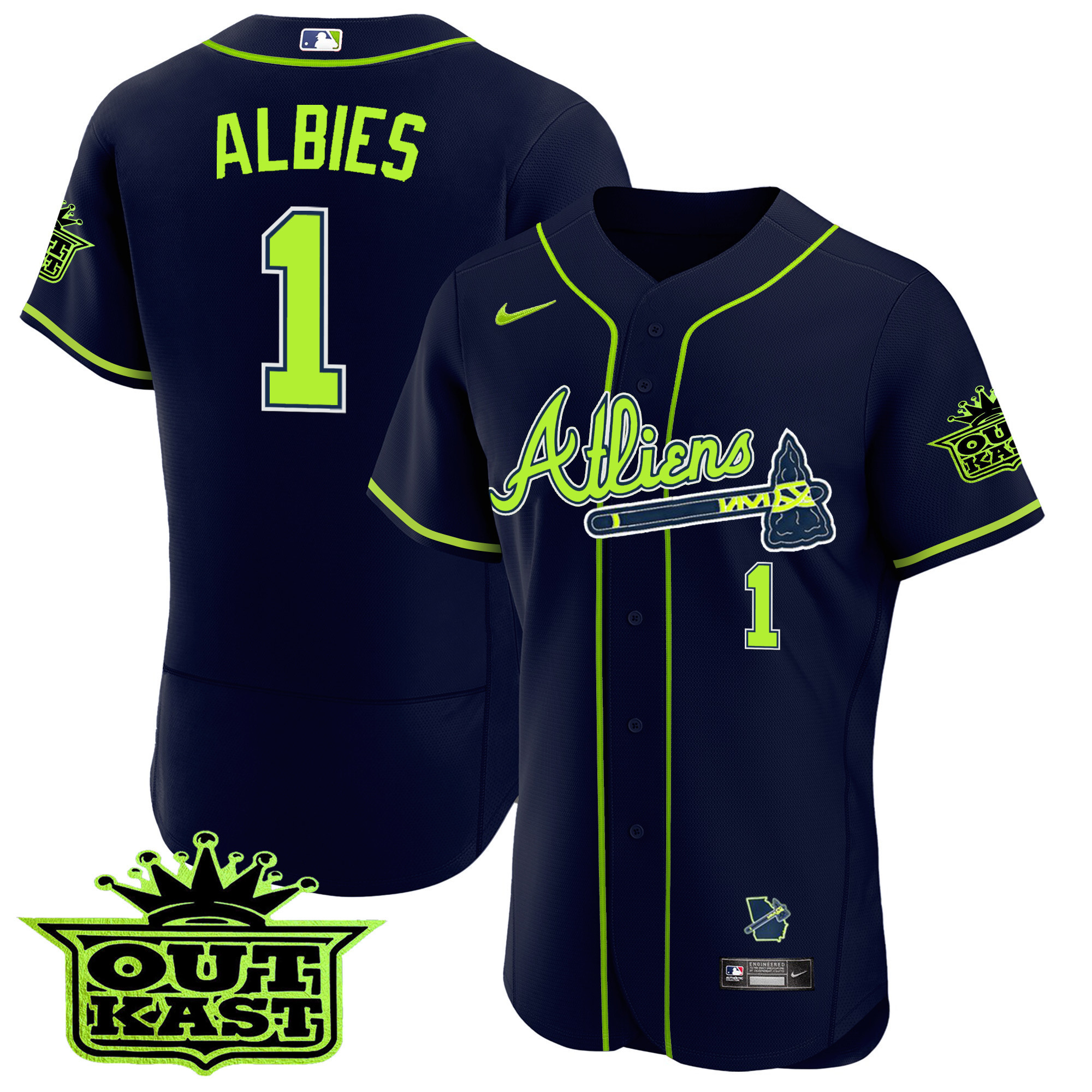Ozzie Albies Men's Atlanta Braves Atliens Flex Base V3 Atliens Green Jersey - All Stitched