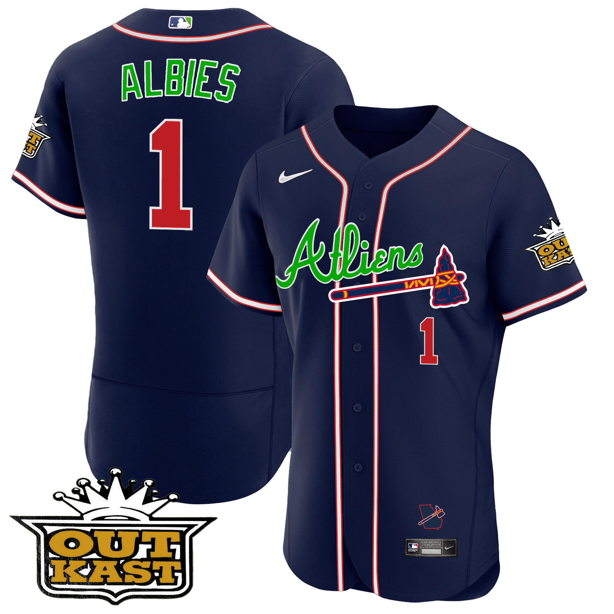 Ozzie Albies Men's Atlanta Braves Atliens Flex Base V4 Navy Jersey - All Stitched