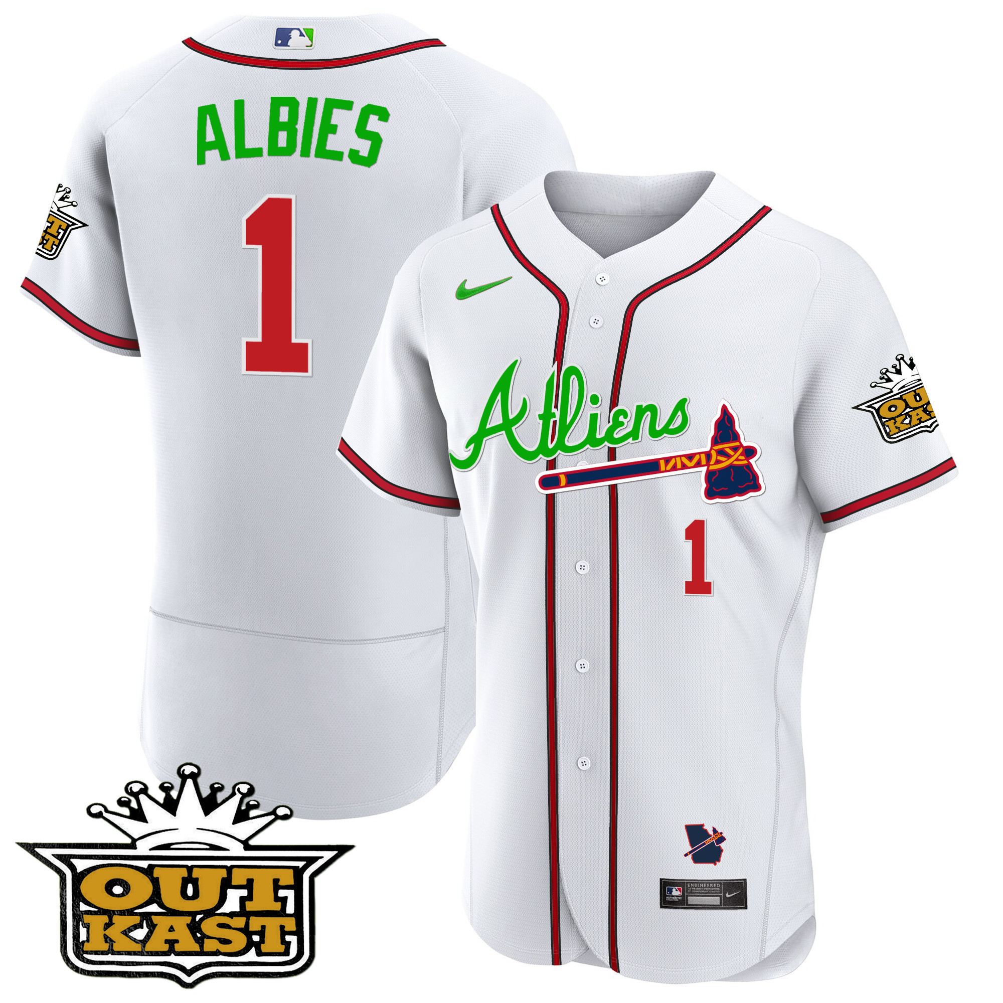 Ozzie Albies Men's Atlanta Braves Atliens Flex Base V4 White Jersey - All Stitched