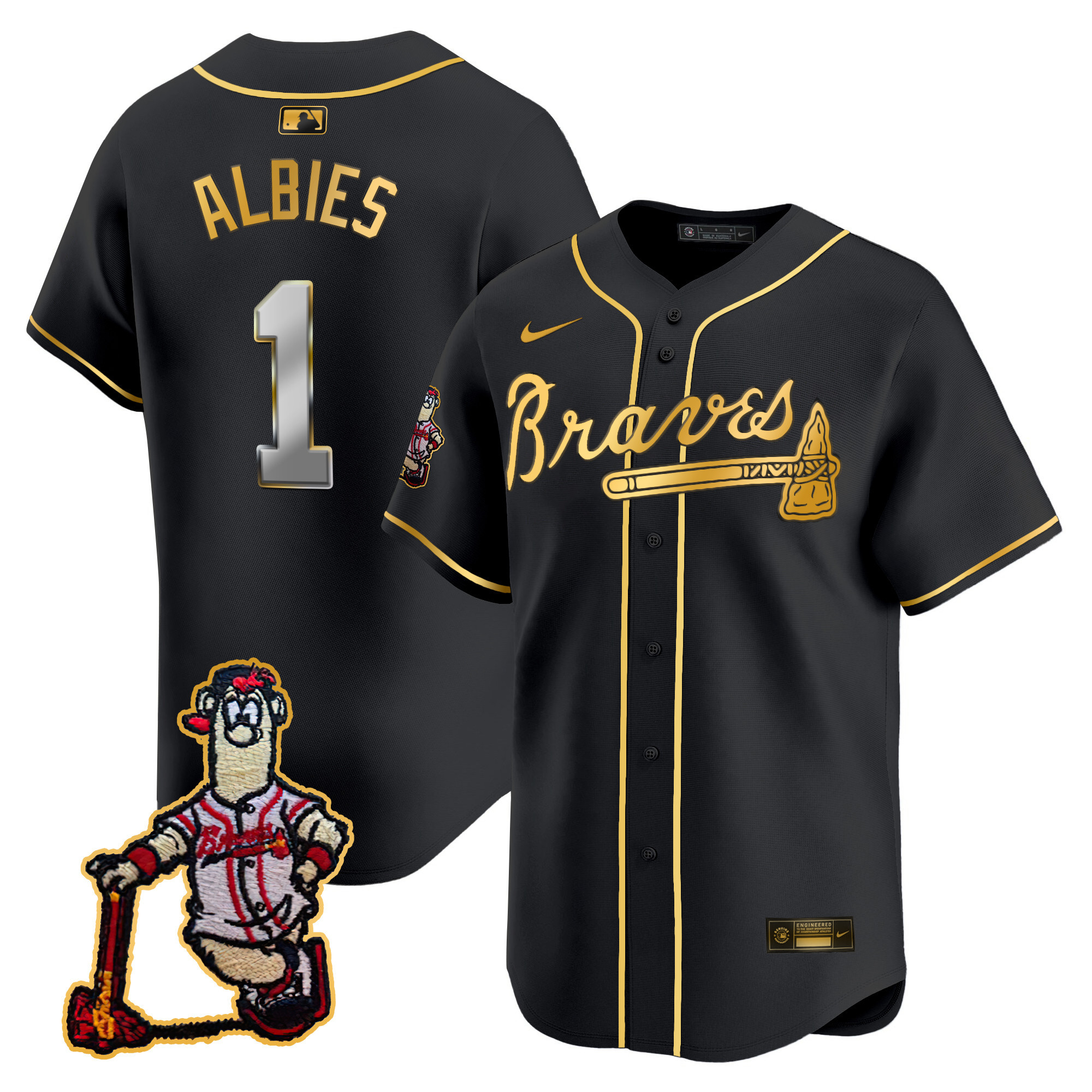 Ozzie Albies Men's Atlanta Braves Blooper Patch Vapor Premier Limited Black Gold Jersey - All Stitched