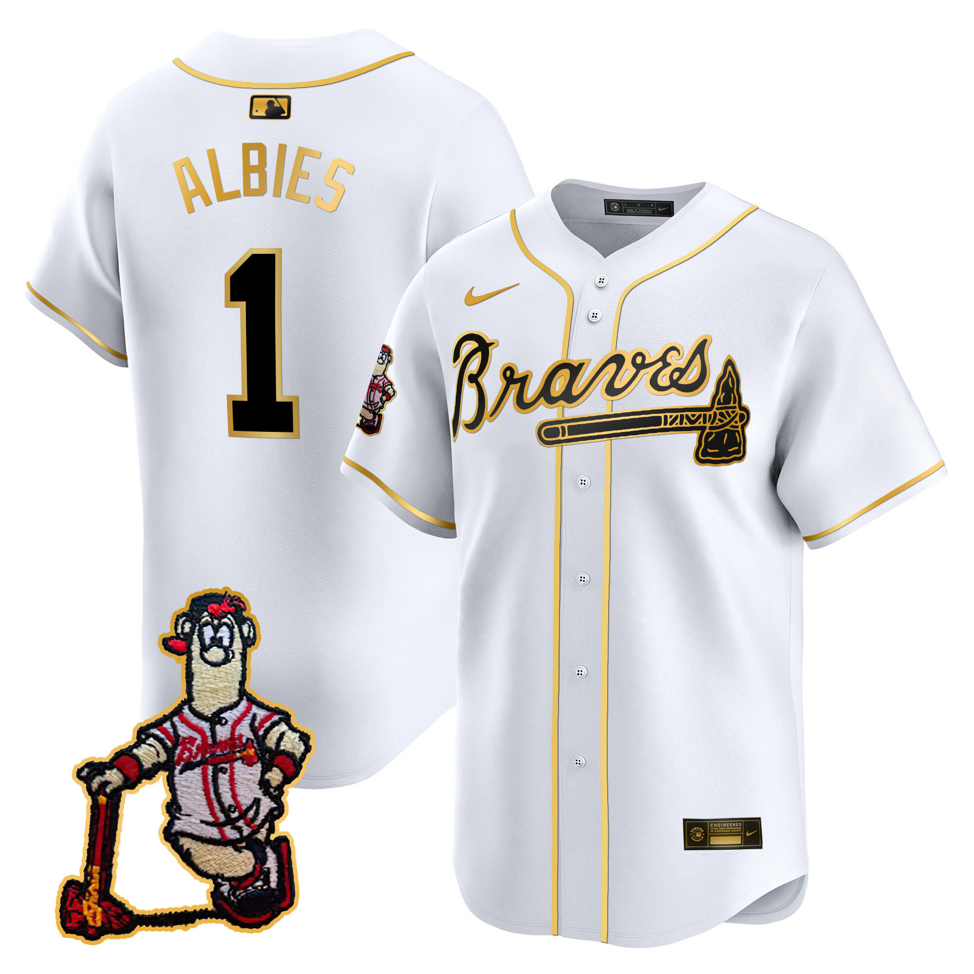 Ozzie Albies Men's Atlanta Braves Blooper Patch Vapor Premier Limited White Gold Jersey - All Stitched