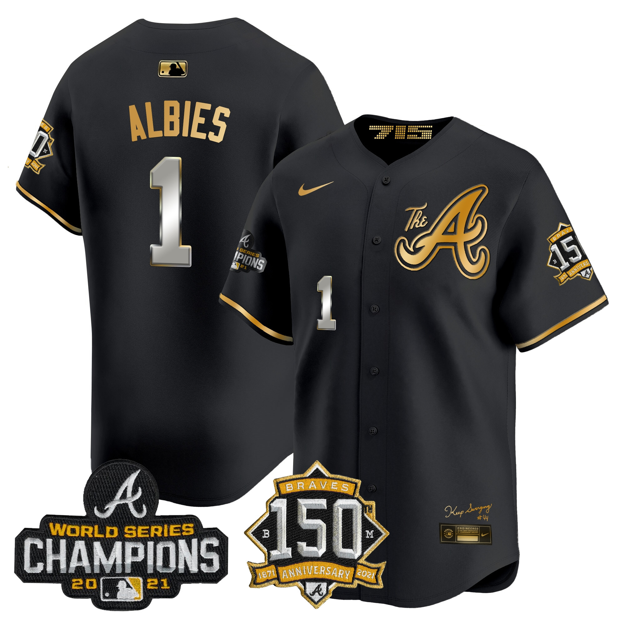 Ozzie Albies Men's Atlanta Braves Champions & 150th Patch Vapor Premier Limited Black Gold Jersey - All Stitched