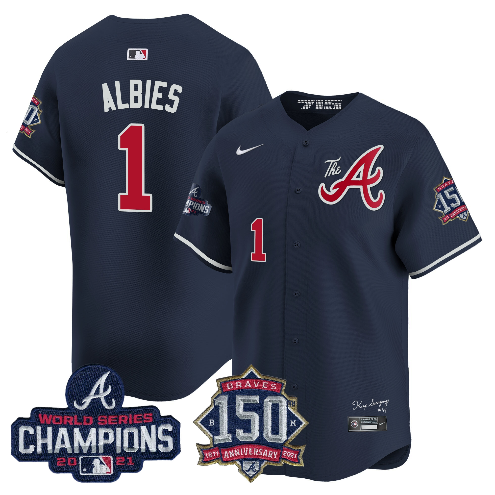 Ozzie Albies Men's Atlanta Braves Champions & 150th Patch Vapor Premier Limited Navy Jersey - All Stitched