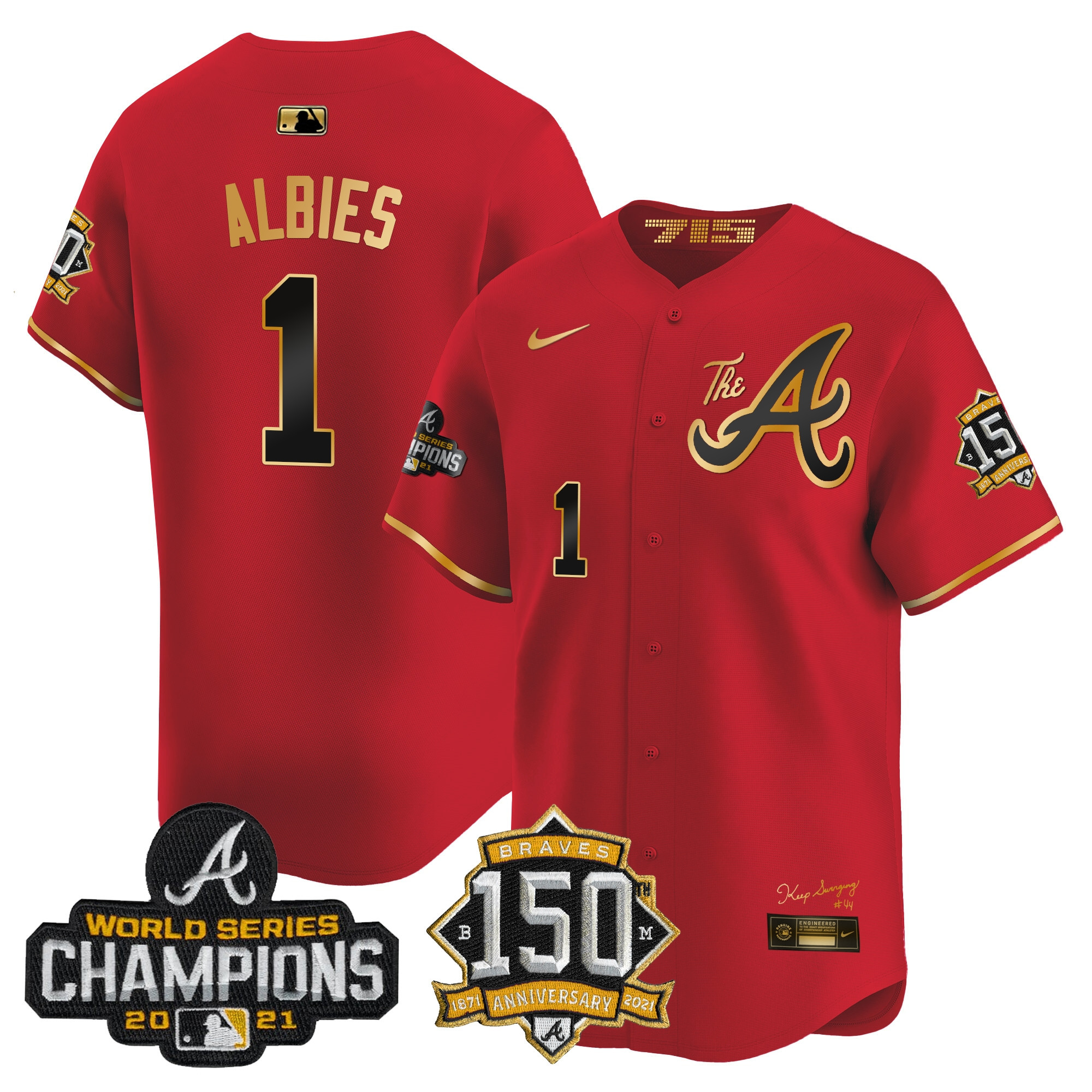 Ozzie Albies Men's Atlanta Braves Champions & 150th Patch Vapor Premier Limited Red Gold Jersey - All Stitched