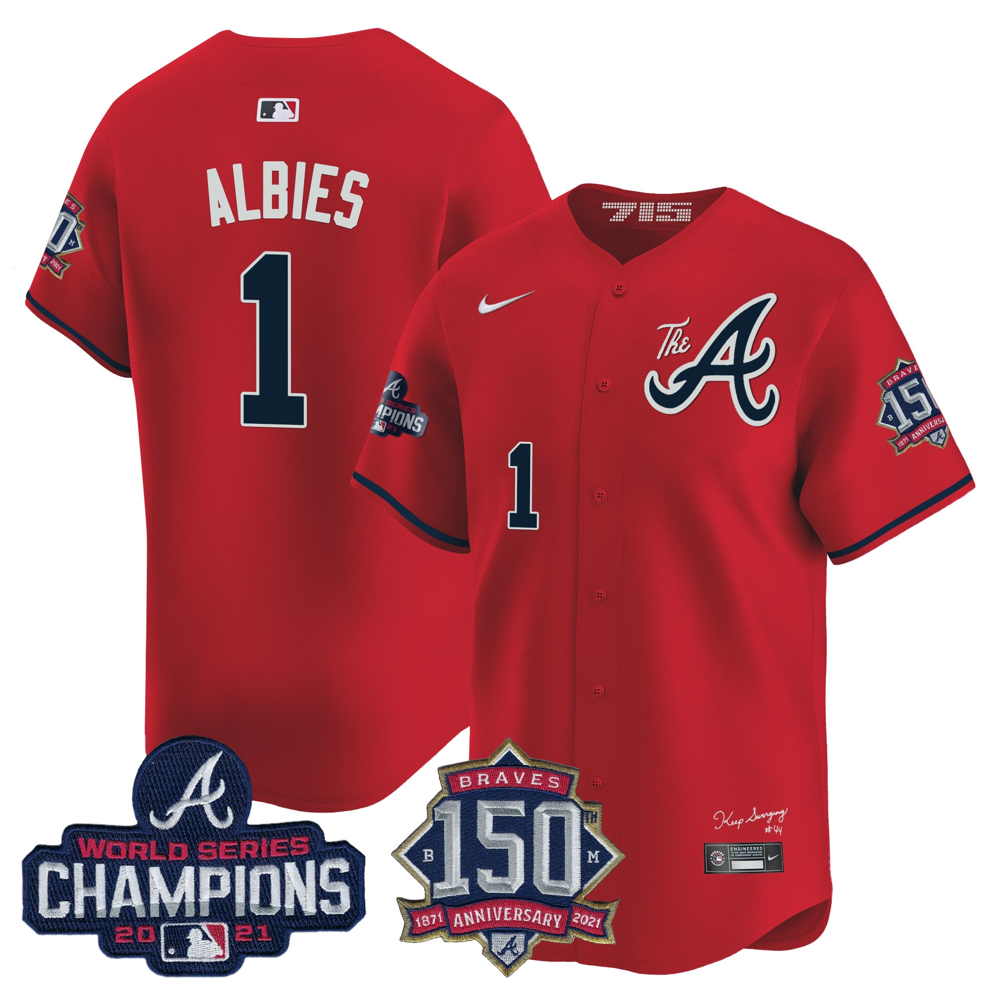 Ozzie Albies Men's Atlanta Braves Champions & 150th Patch Vapor Premier Limited Red Jersey - All Stitched