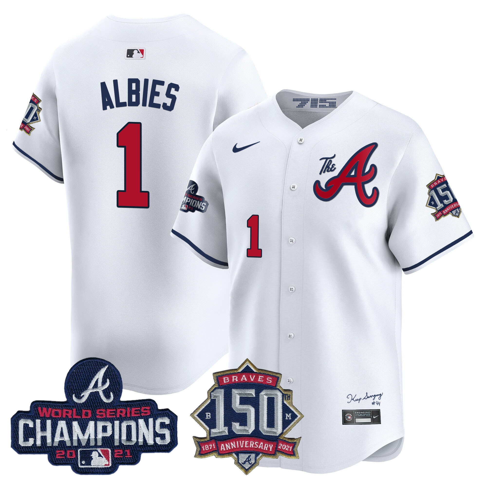 Ozzie Albies Men's Atlanta Braves Champions & 150th Patch Vapor Premier Limited White Jersey - All Stitched