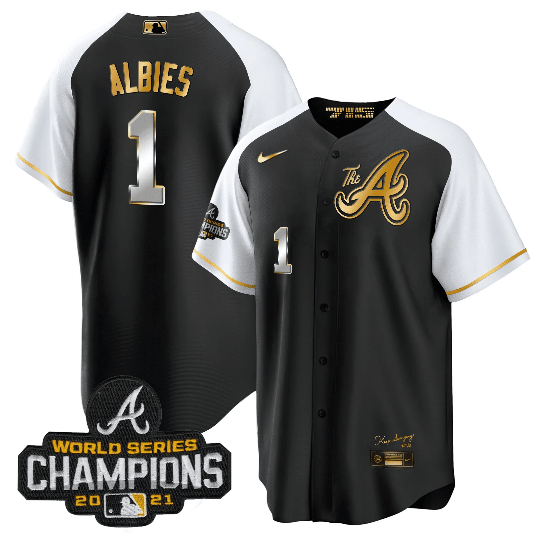 Ozzie Albies Men's Atlanta Braves Champions Alternate Gold Cool Base Black Jersey - All Stitched